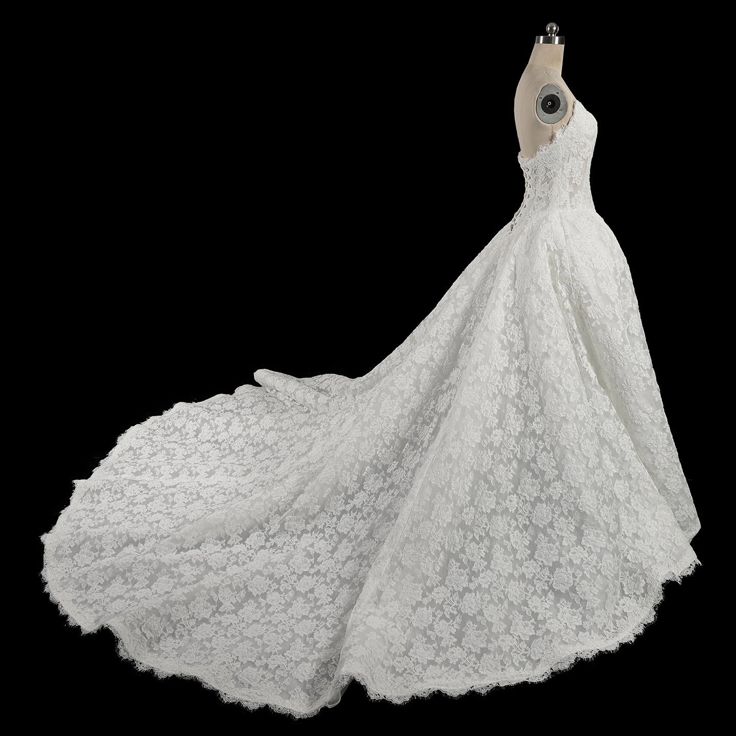 White Lace Strapless Princess Wedding Dress Button Down Front with Long Train SW742 Sheer Fairy
