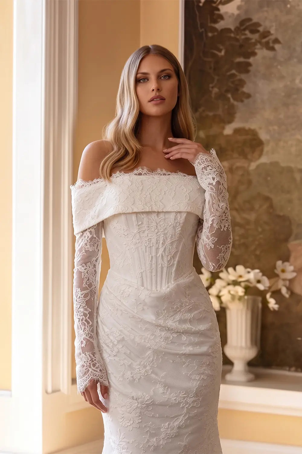 White Off the Shoulder Long Sleeve Lace Bridal Dress with Train SW674 Sheer Fairy
