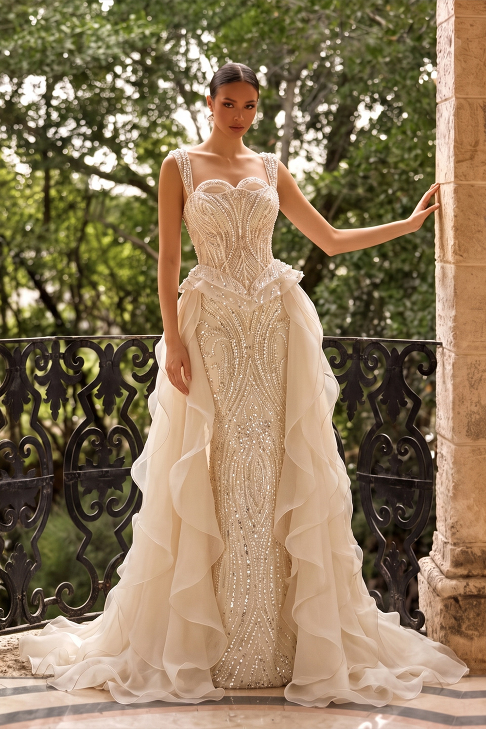 Sparkling Sequin Beaded Evening Dress with Cascading Layered Tiered Ruffle Train SS236 Sheer Fairy
