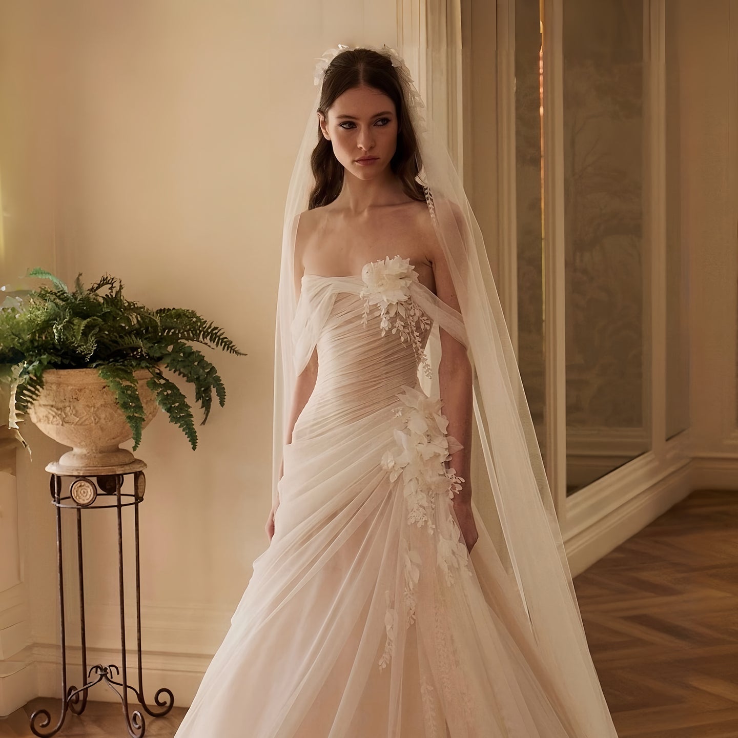 Strapless Draped Tulle A-Line Wedding Dress with 3D Florals & Veil SW232 Sheer Fairy