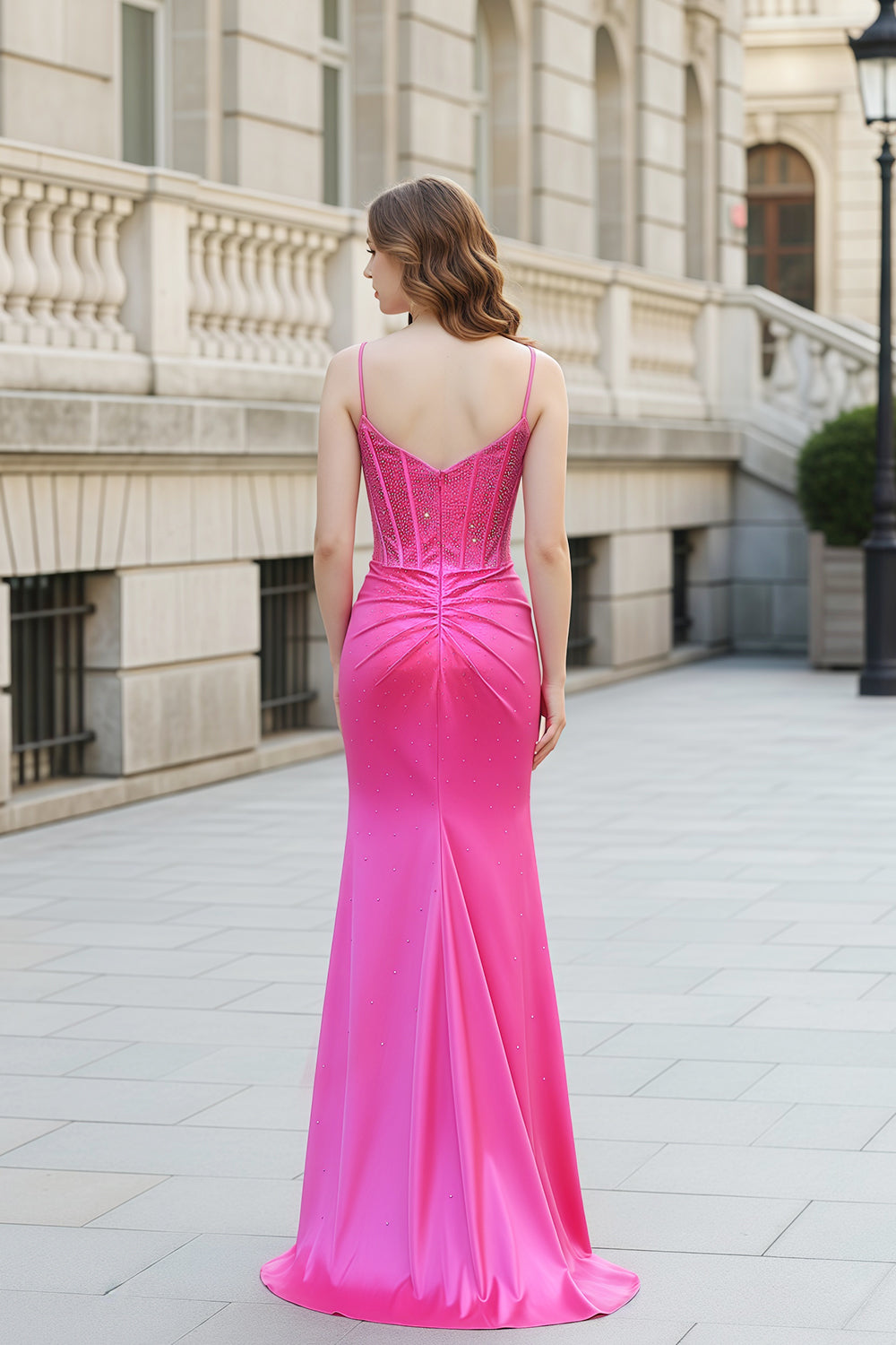 Hot Pink Satin Spaghetti Straps Mermaid Prom Dress SH522 Sheer Fairy