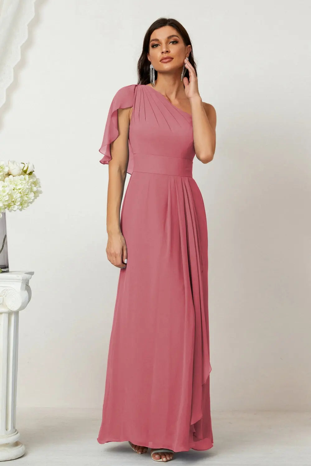 Dusty Blue One-Shoulder Chiffon A-Line Bridesmaid Dress BS028 Sheer Fairy