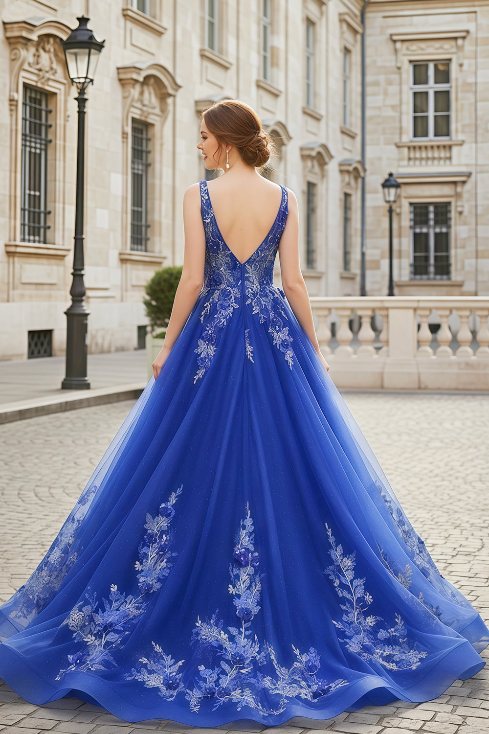 Royal Blue A-Line 3D Beaded Lace Floral Prom Dress SH383 Sheer Fairy