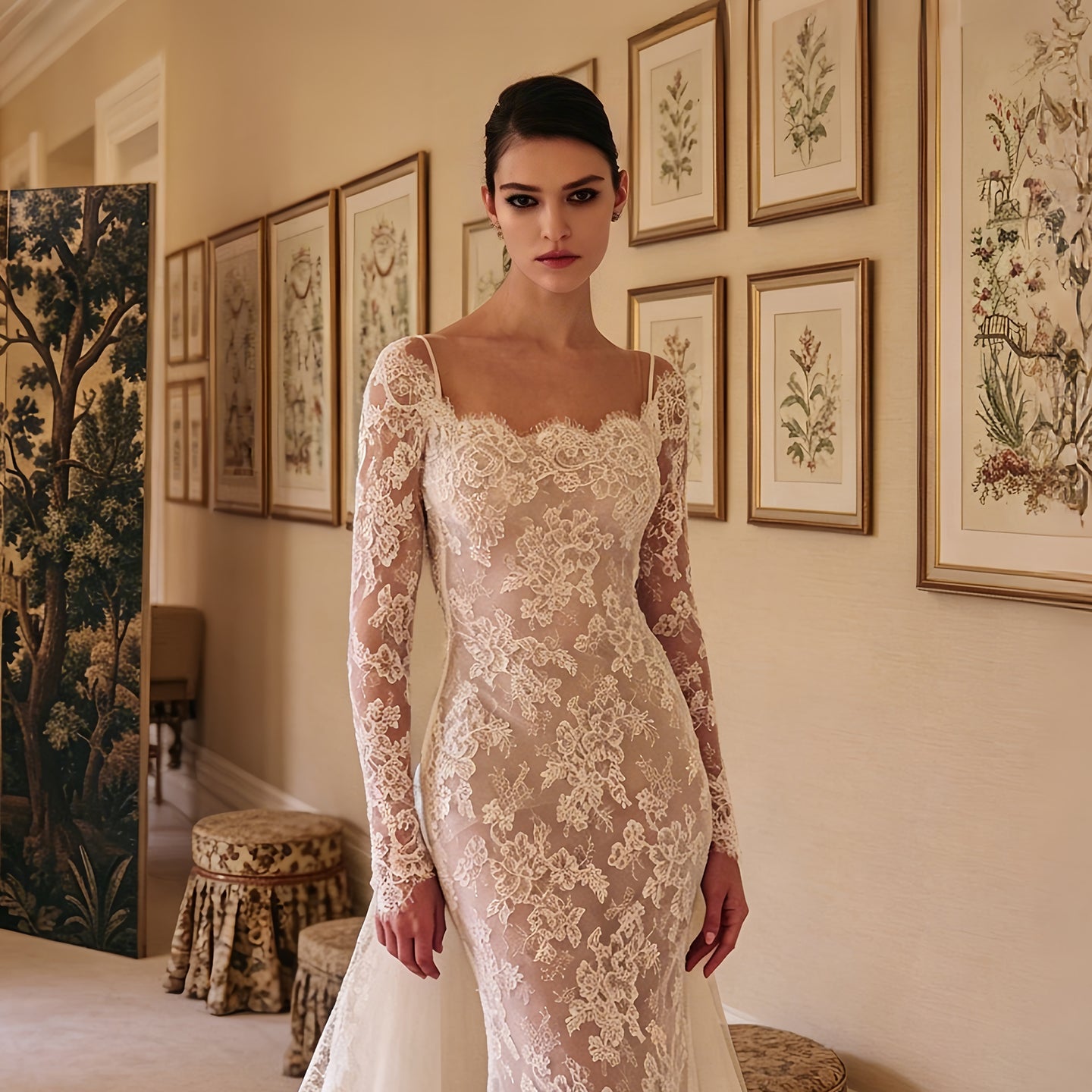 Square Neck Lace Mermaid Wedding Dress with Detachable Train SW228 Sheer Fairy