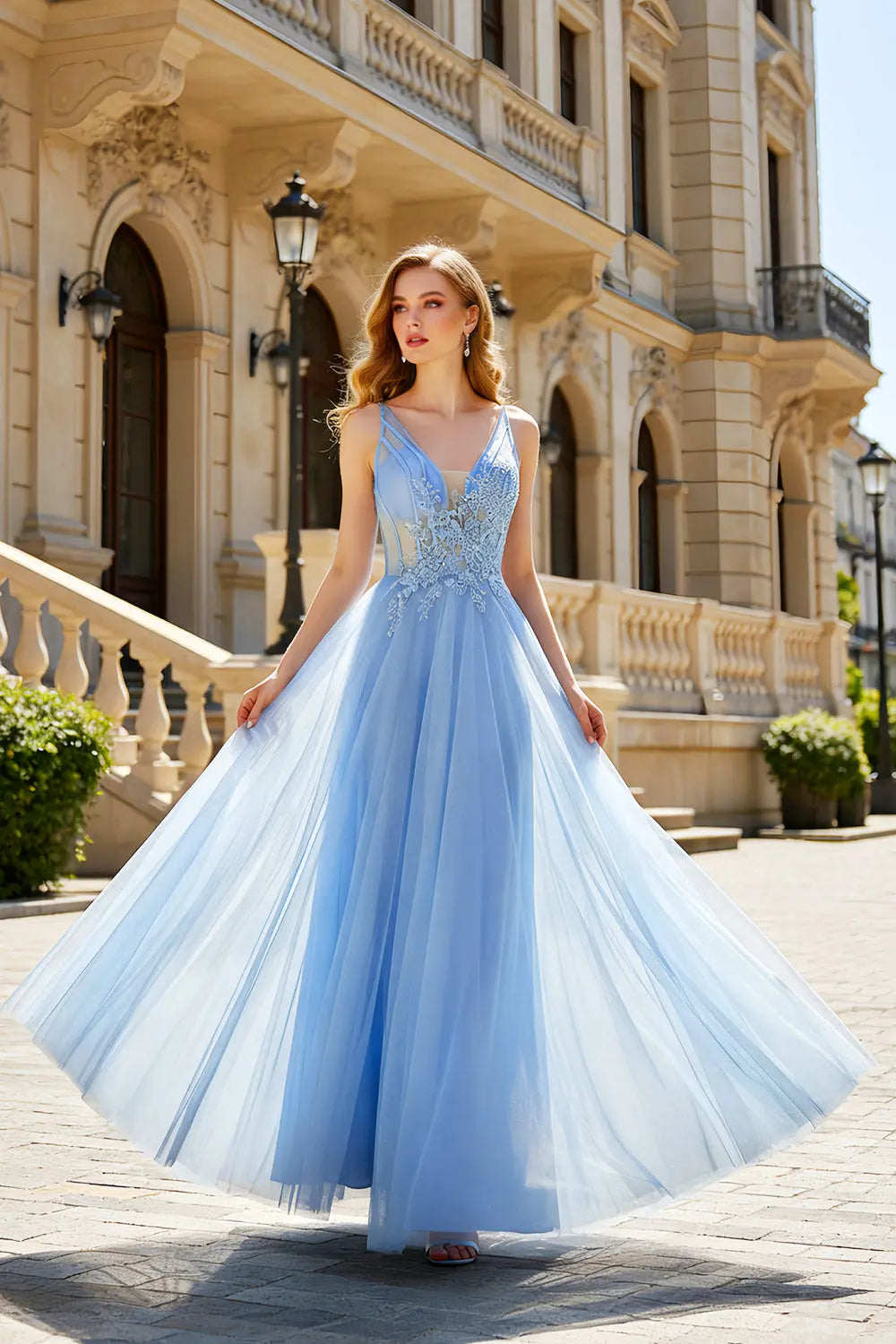 Beaded Blue Spaghetti Strap Tulle A-Line Prom Dress SH496 Sheer Fairy