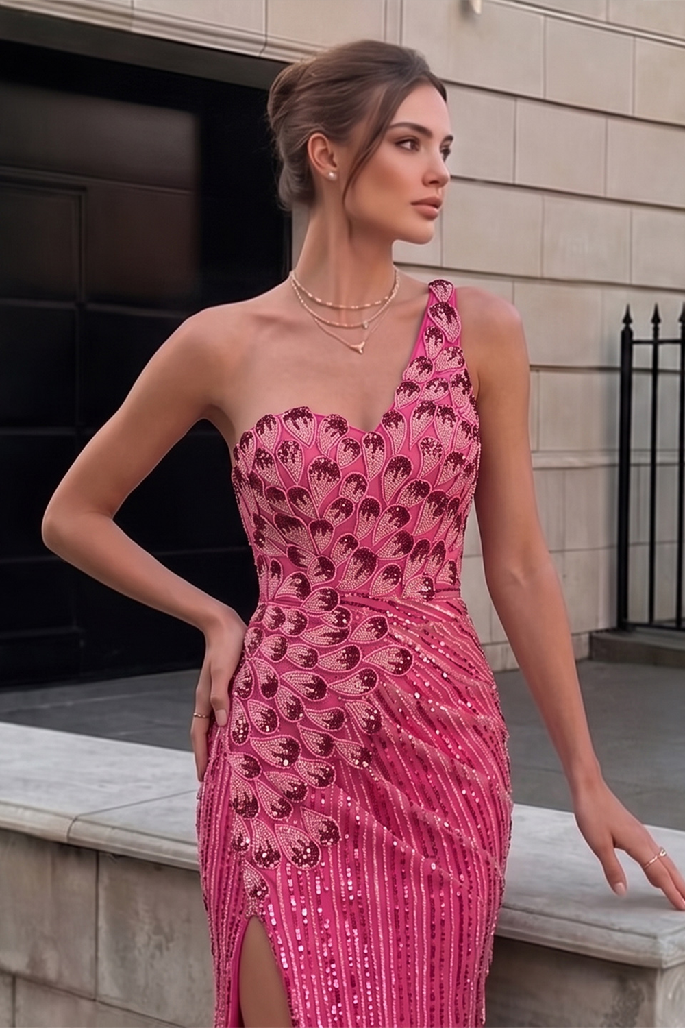 Hot Pink Beaded Striped Evening Dress One Shoulder Thigh Slit Prom Gown ST022 Sheer Fairy