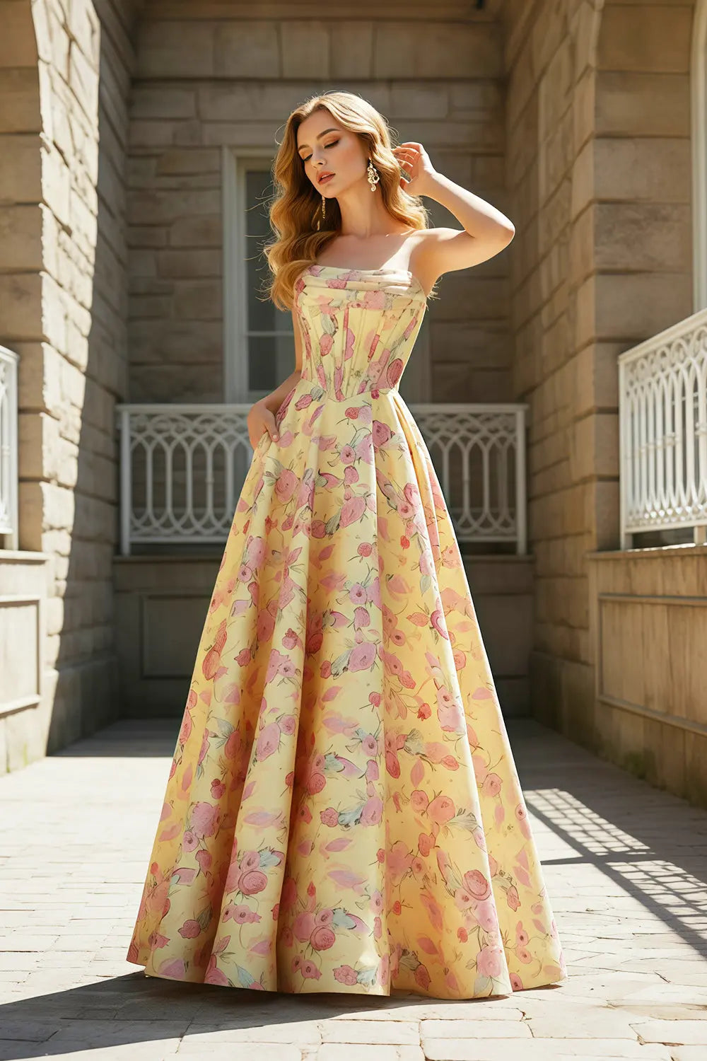 Strapless Yellow Floral Jacquard Ball Gown Prom Dress SH414 Sheer Fairy