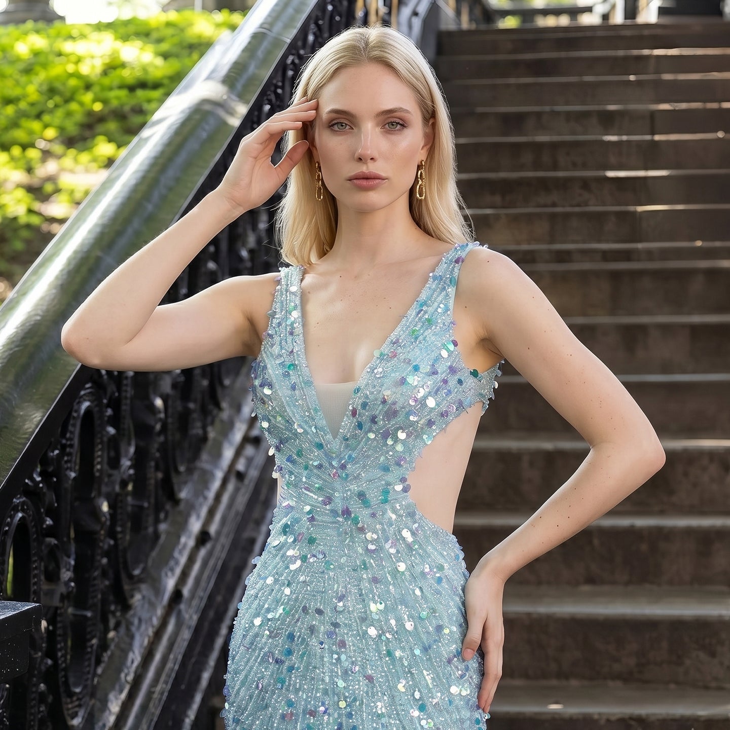 Aqua/ Blue Satin Mermaid Evening Dress deep V sleeveless high slit mermaid gown  SH354 Sheer Fairy