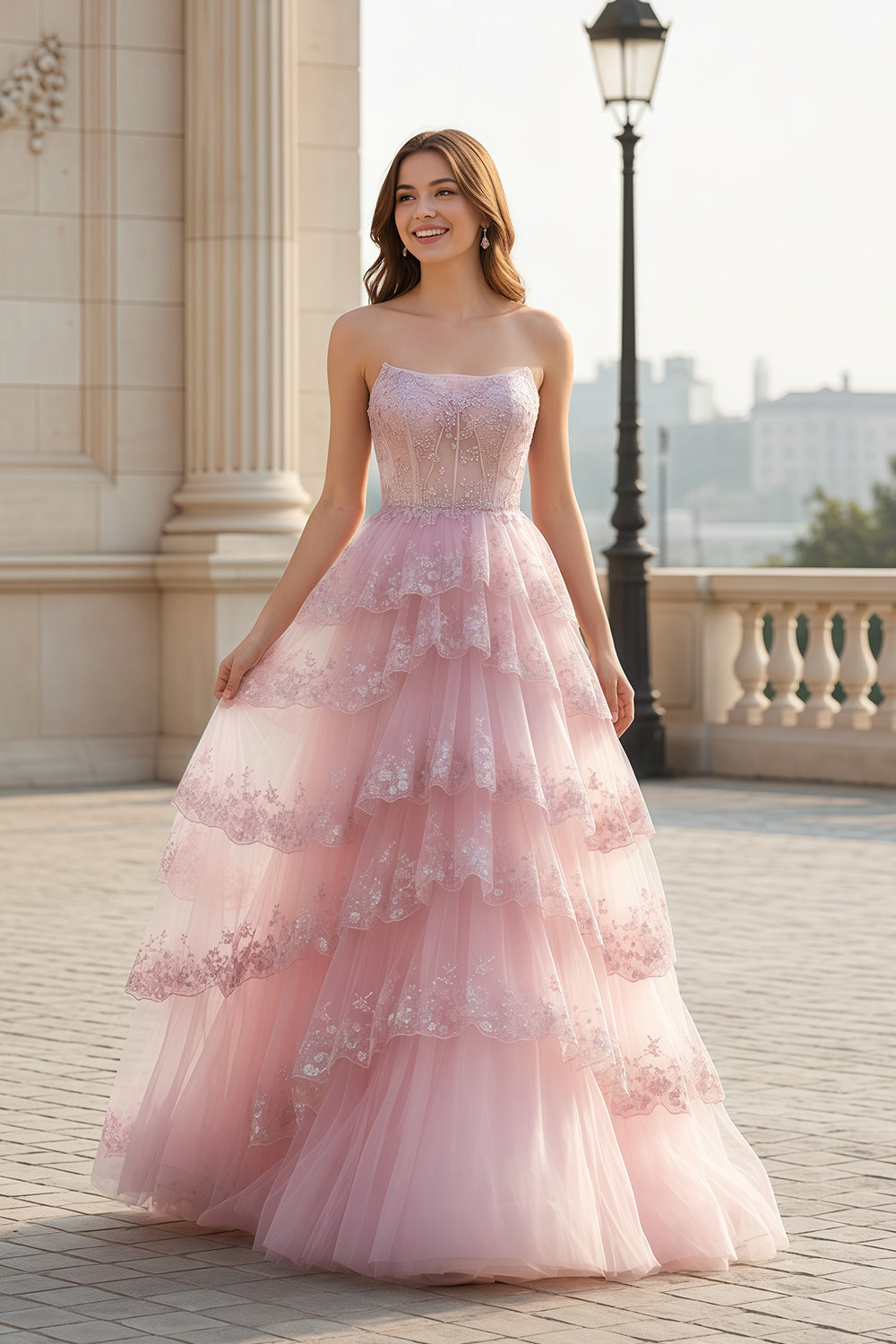 Strapless Ruffled Lace Sequin A-Line Prom Dress SH162 Sheer Fairy