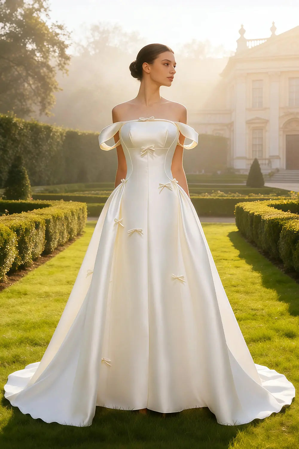 Off-the-Shoulder Satin Ballgown Wedding Dress SW633 Sheer Fairy