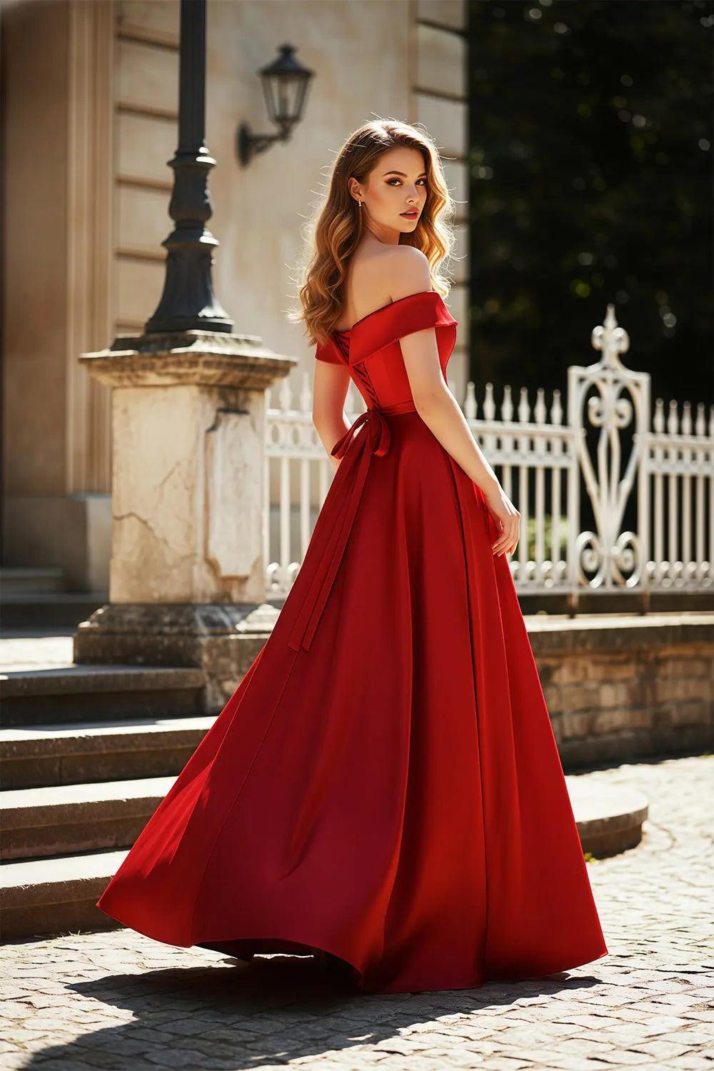Burgundy Red Satin A-Line Off-the-Shoulder Prom Dress SH457 Sheer Fairy