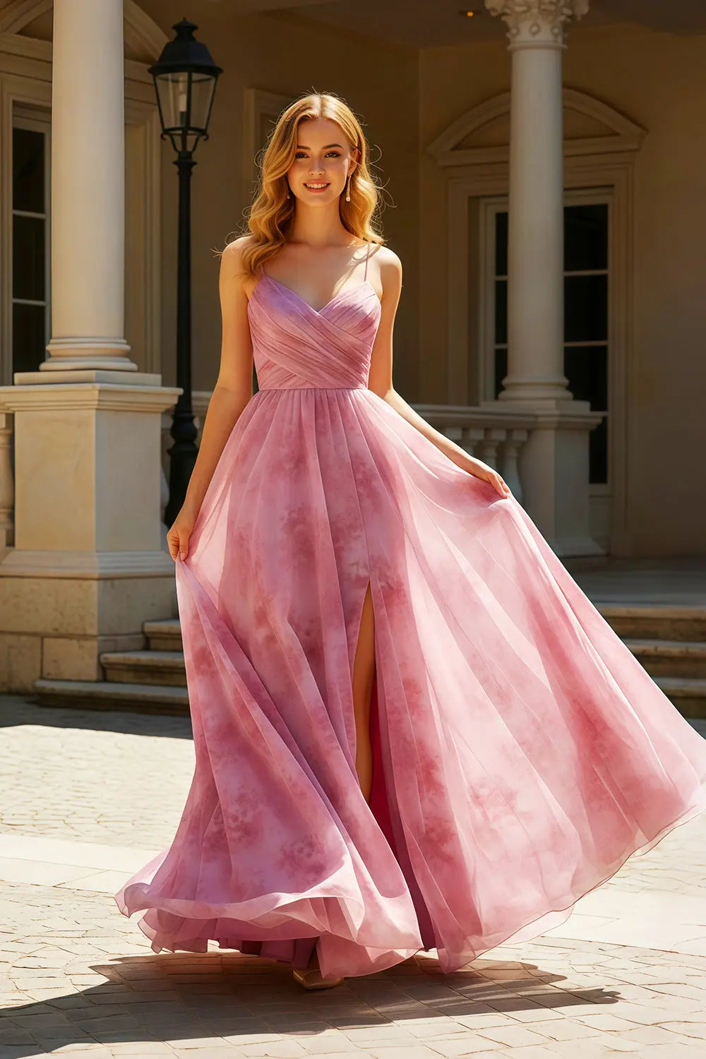 Pink Watercolor Floral Chiffon Spaghetti Strap A-Line Prom Dress SH423 Sheer Fairy