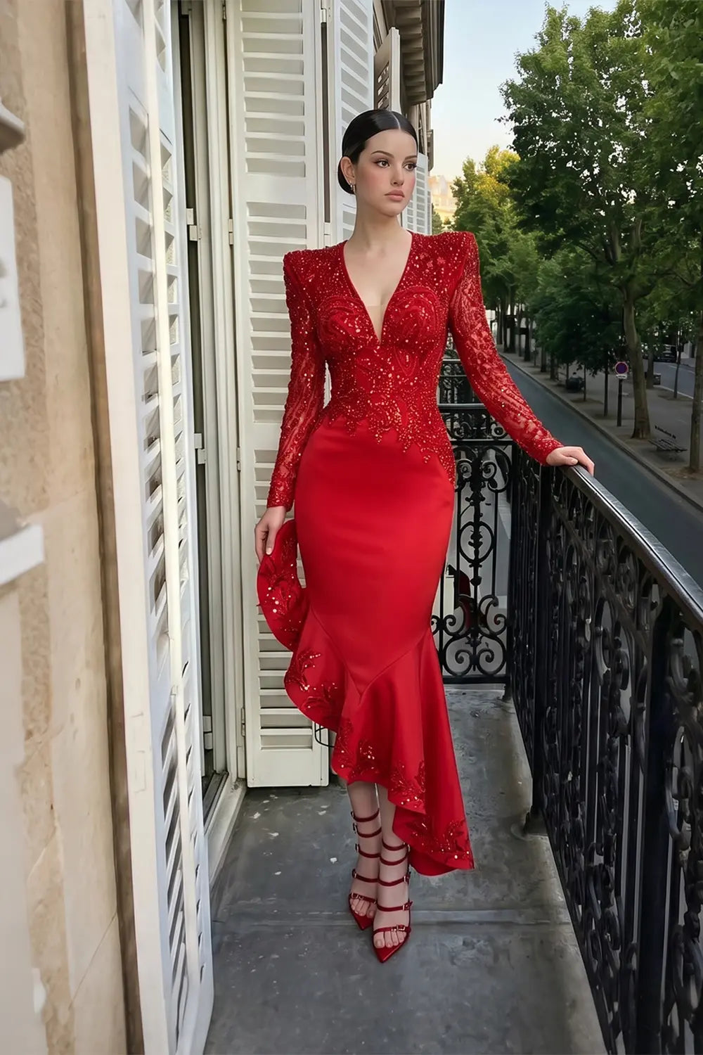 Red Beaded Sequin Asymmetrical Ruffle Midi Dress ST044 Sheer Fairy