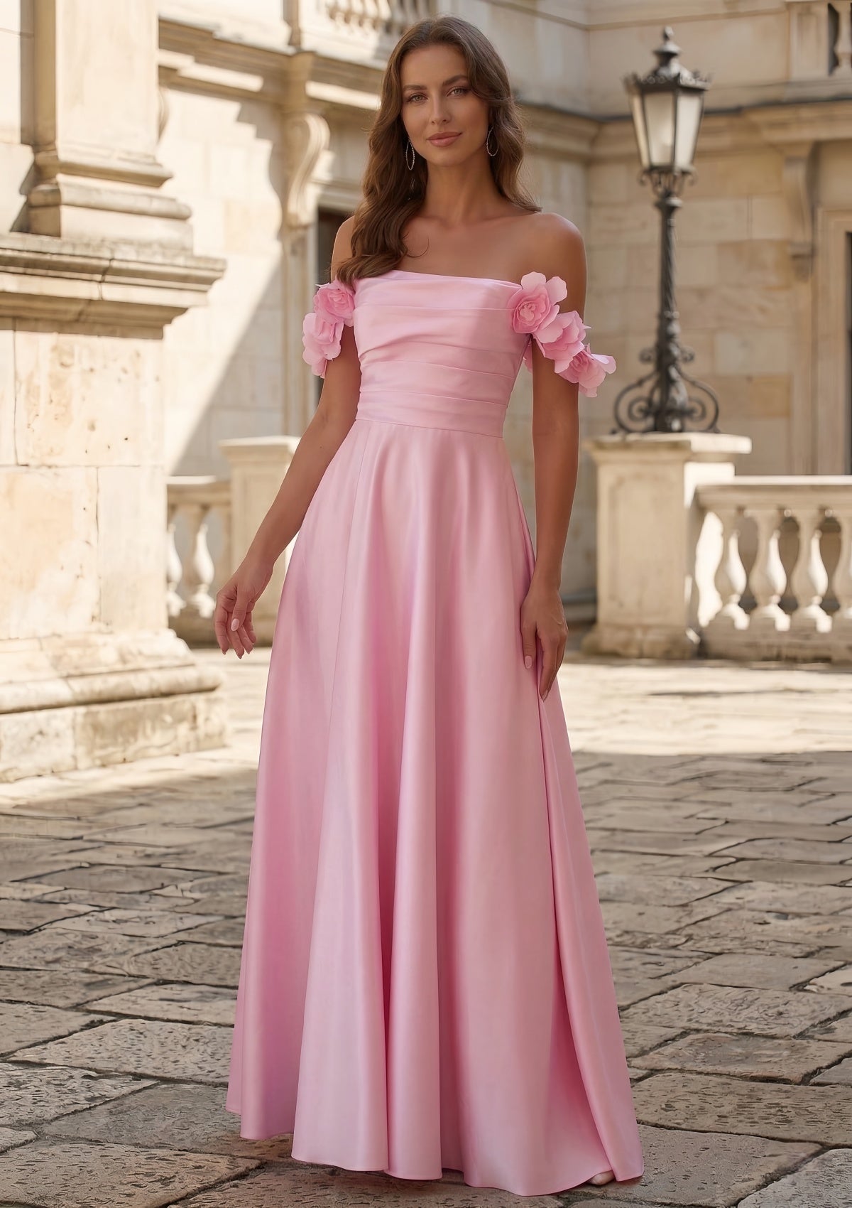 Off-the-Shoulder Pink Satin Prom Dress with 3D Floral Appliques SH702 Sheer Fairy