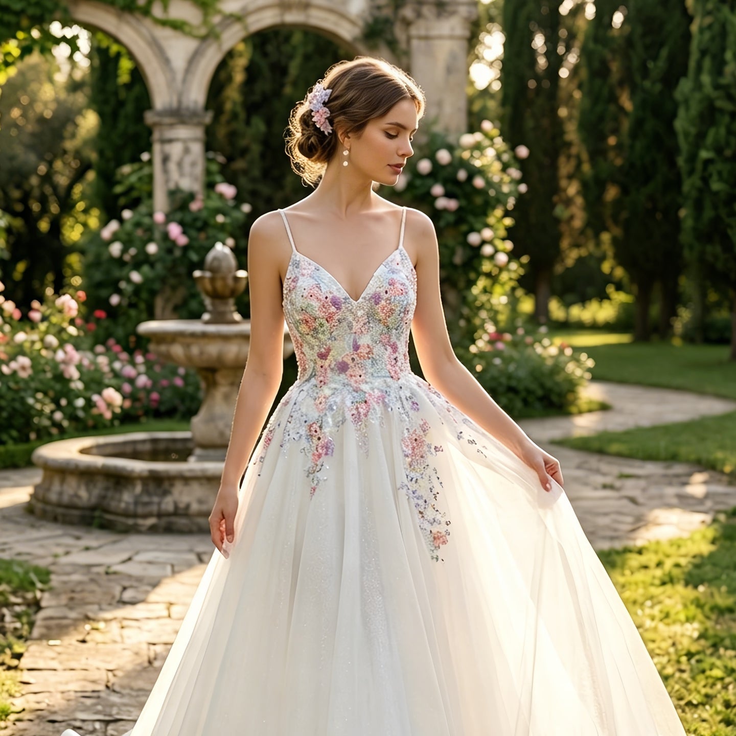Spaghetti Strap Floral Embroidered Ball Gown Wedding Dress with Glitter Tulle SW704 Sheer Fairy