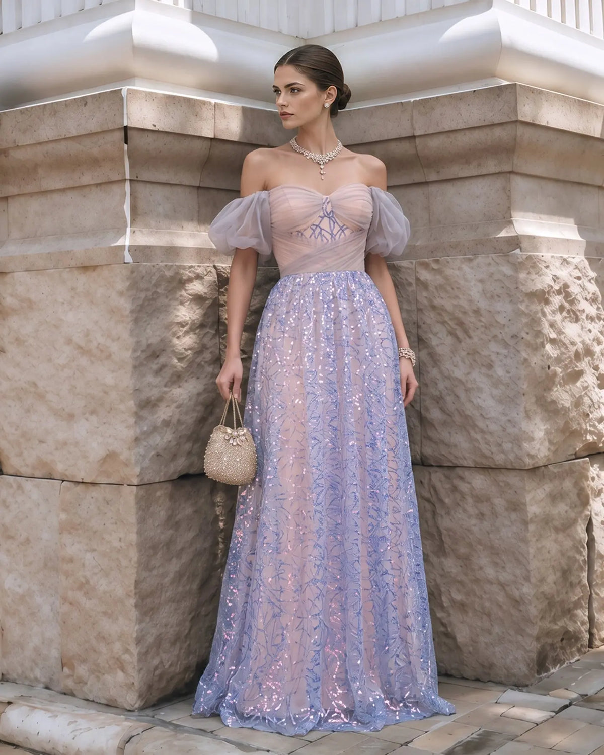 Blue Puff Sleeve Sequin Evening Dress ST116 Sheer Fairy