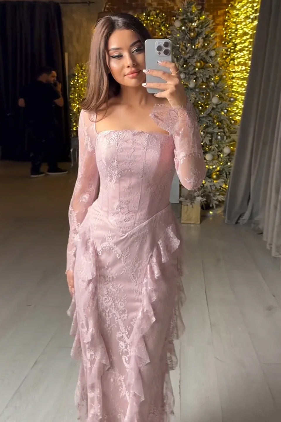 Blush Pink Lace Square Neck Long Sleeve Mermaid Evening Dress SF497 Sheer Fairy