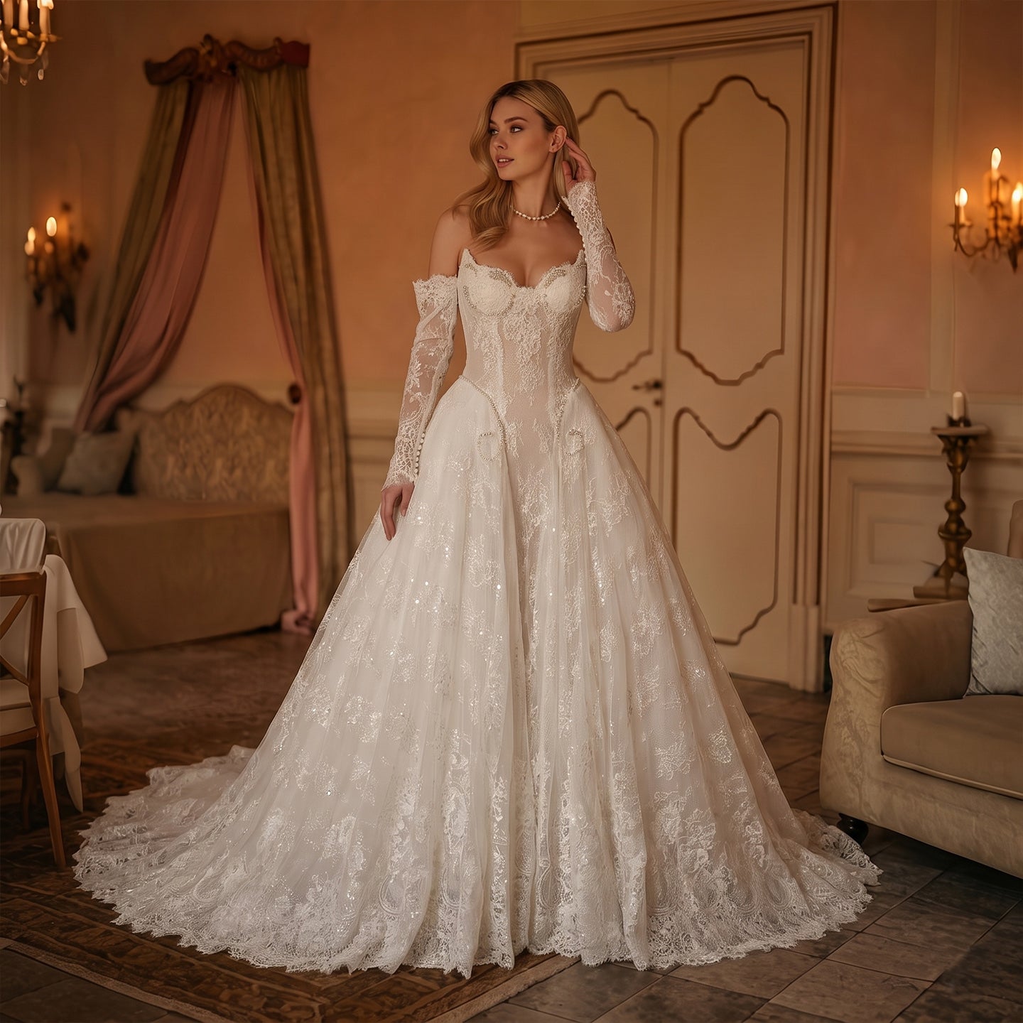 Off White Luxury Ball Gown Wedding Dress Beaded With Veil SW715 Sheer Fairy