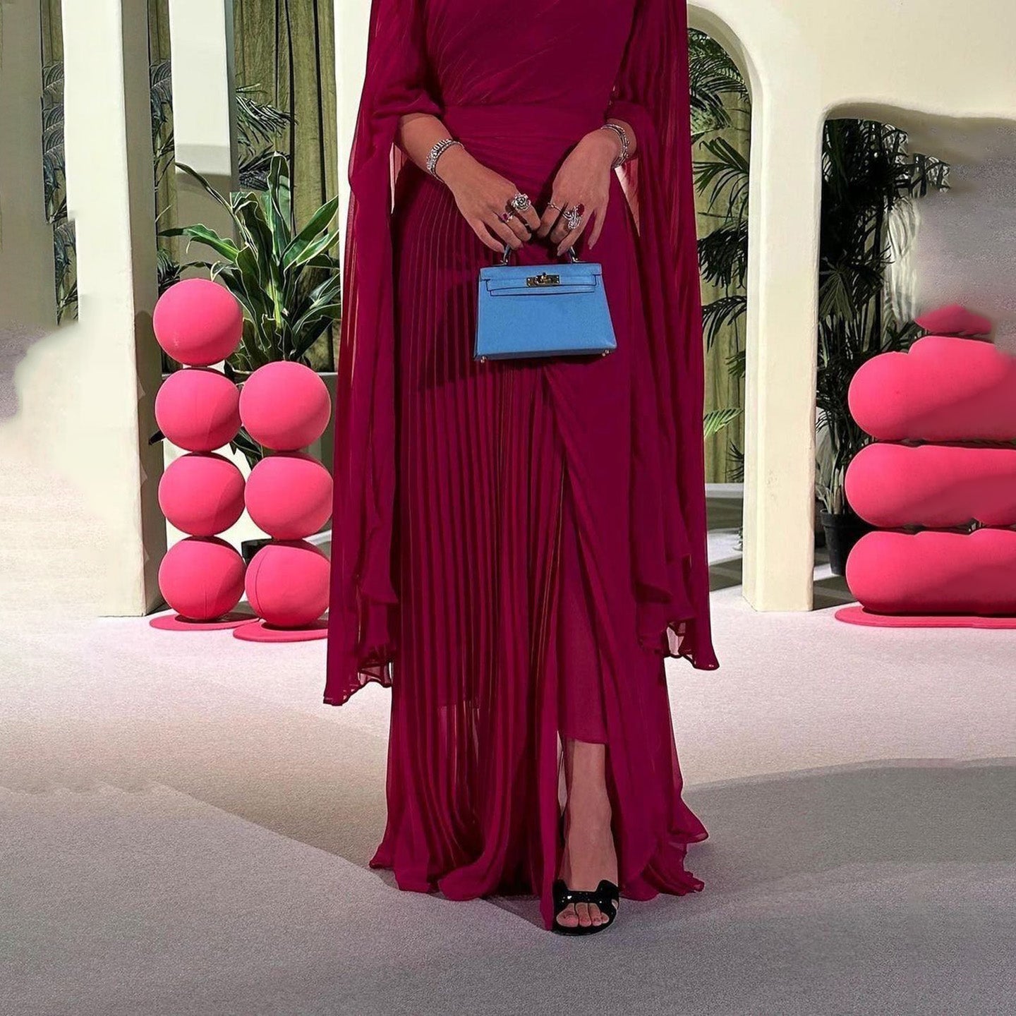 Deep Fuchsia One-Shoulder Pleated Chiffon Evening Dress with Cape Sleeves SF085 Sheer Fairy