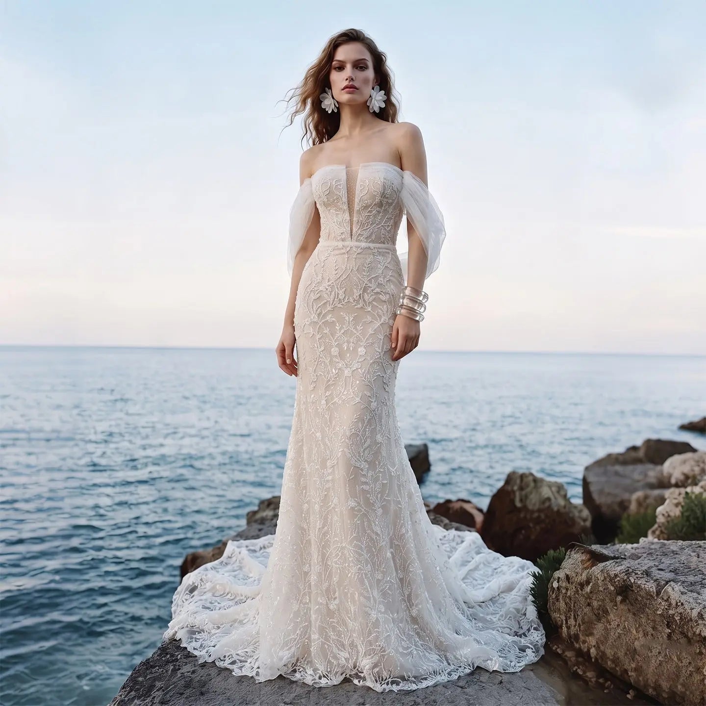 White Nude Lace Mermaid Wedding Dress Luxury Beaded Sequins Tulle Glov – SHEER FAIRY