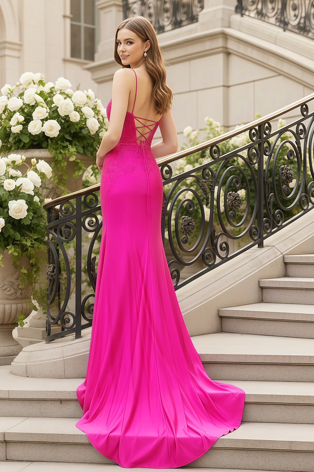 Fuchsia Satin Spaghetti Straps Mermaid Prom Dress SH510 Sheer Fairy