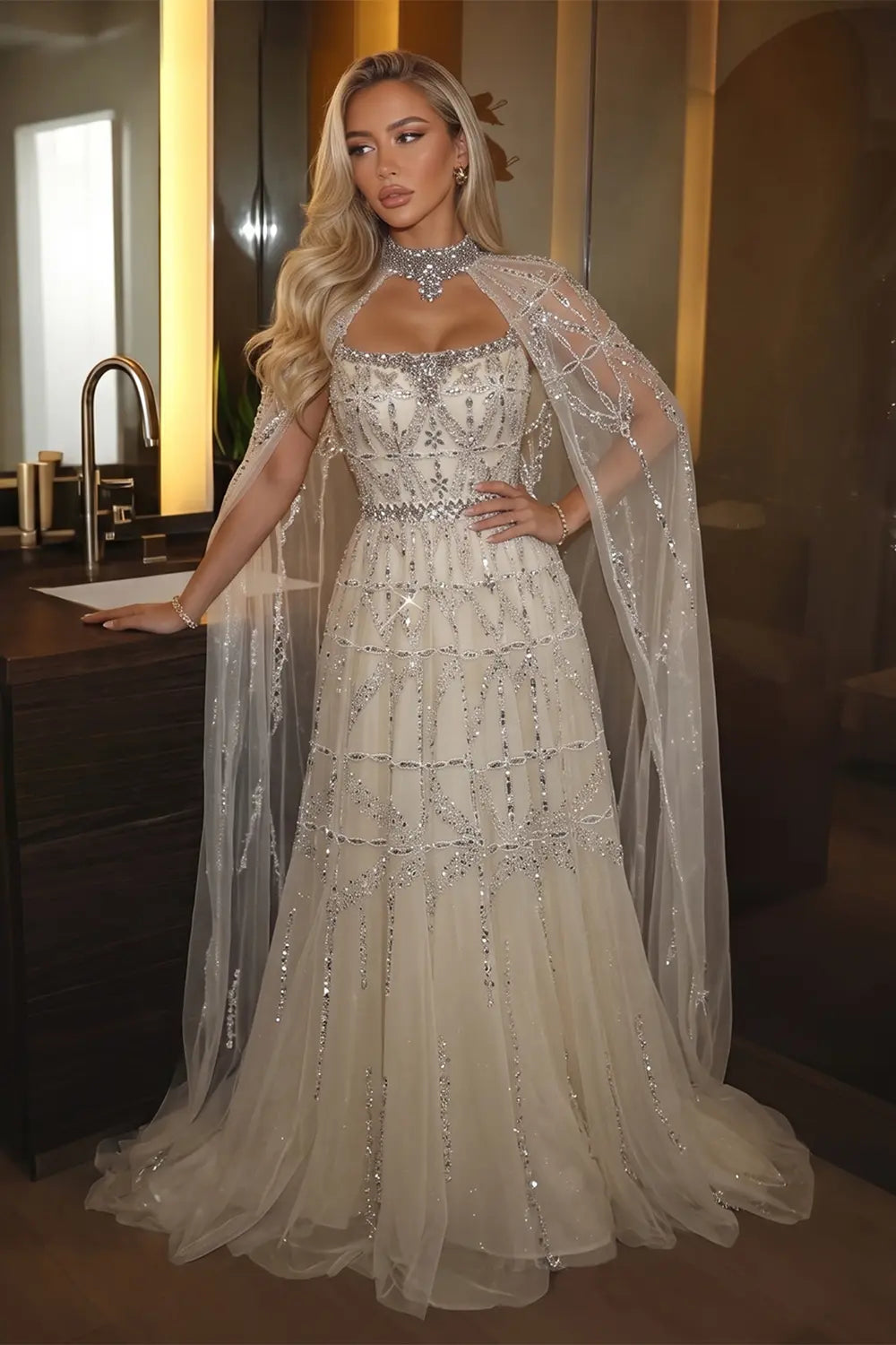 Luxury Cream Beaded A-Line Evening Gown with Sheer Cape SS486 Sheer Fairy