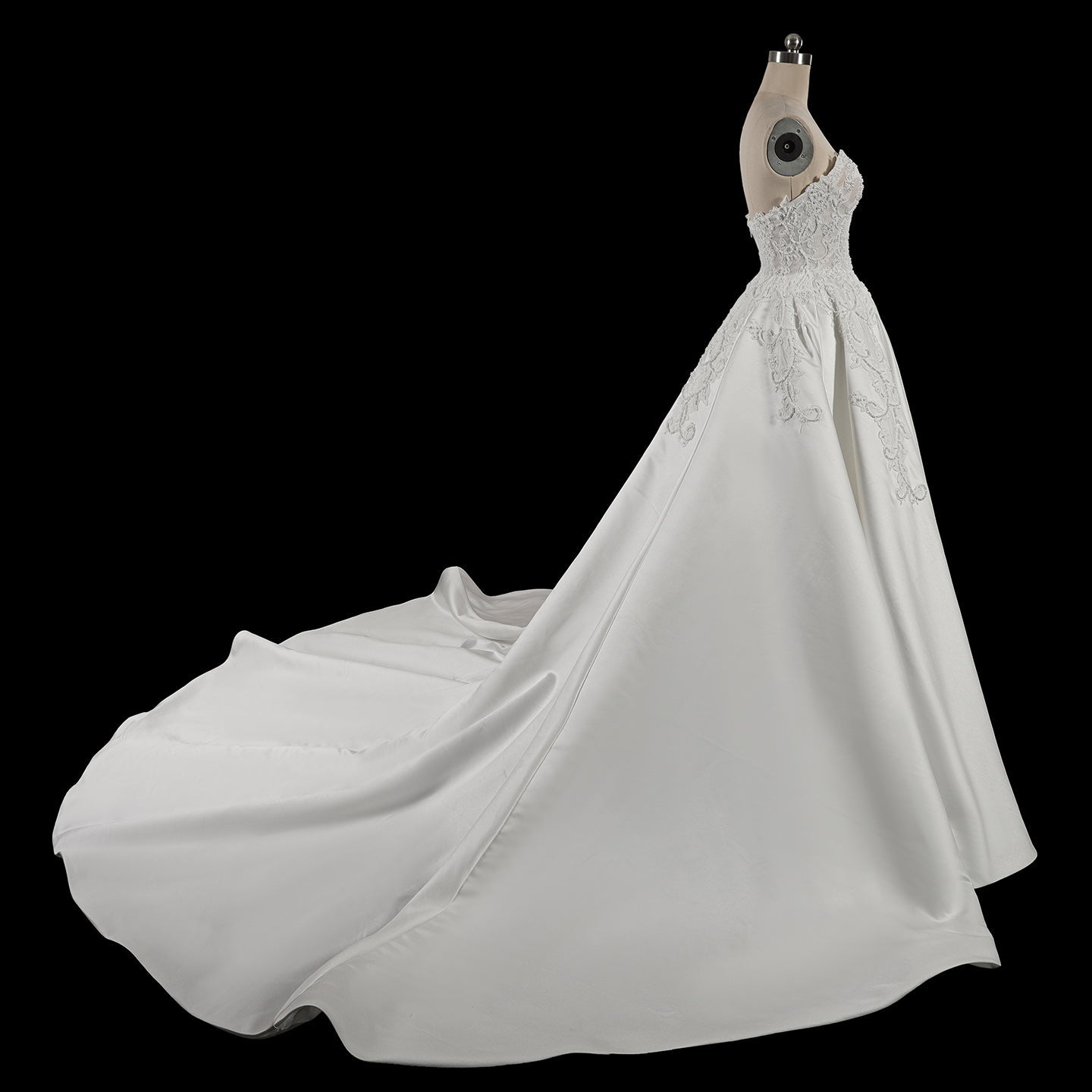 White Satin Sweetheart Princess Wedding Dress Lace Details with Long Cathedral Train SW743 Sheer Fairy