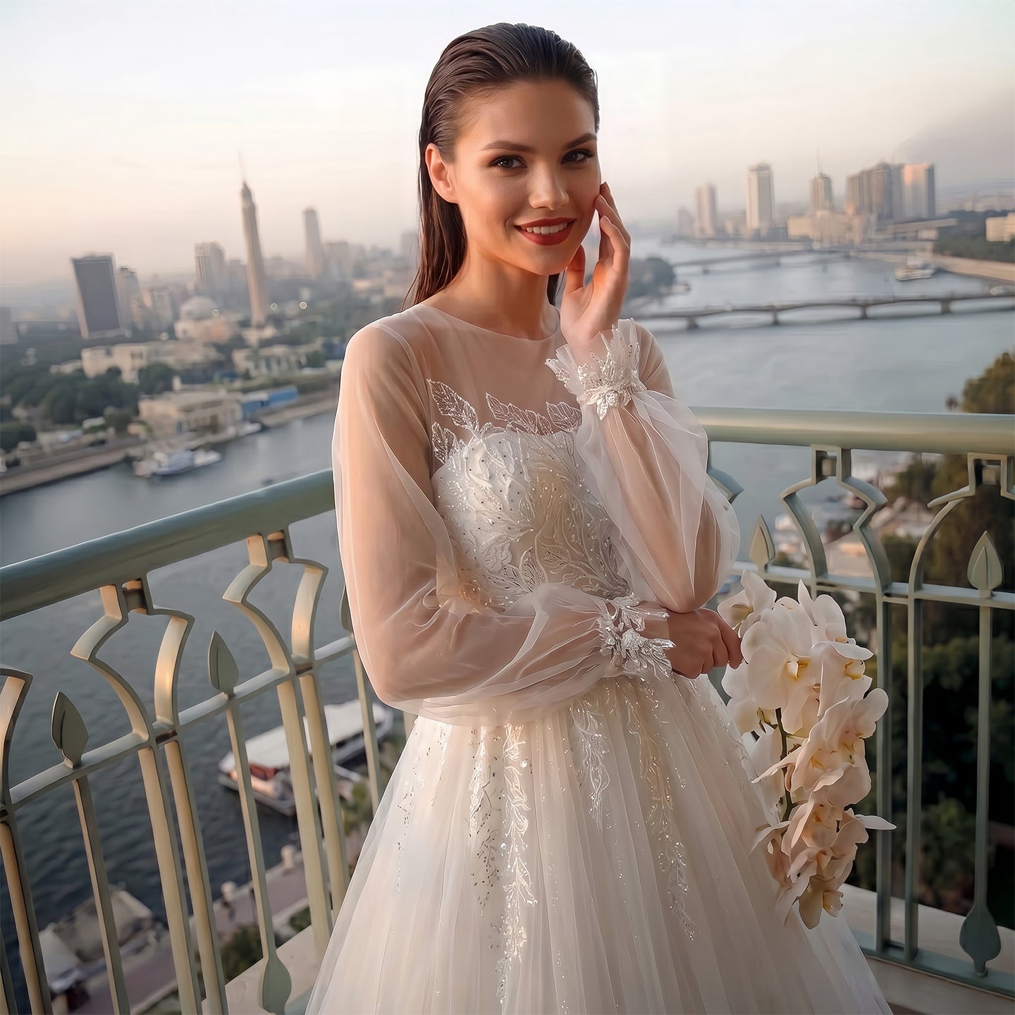 Luxury Illusion Neck Tulle Wedding Dress with Long Puff Sleeves and Lace Details SW713 Sheer Fairy