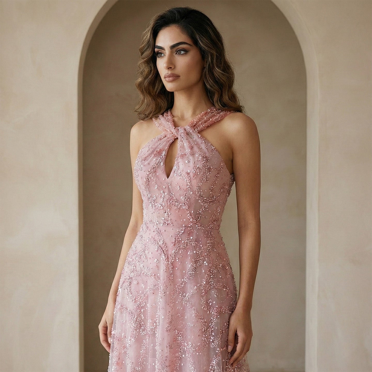 Blush Pink Halter Neck Beaded Floral A-Line Evening Dress Gown SS709 Sheer Fairy