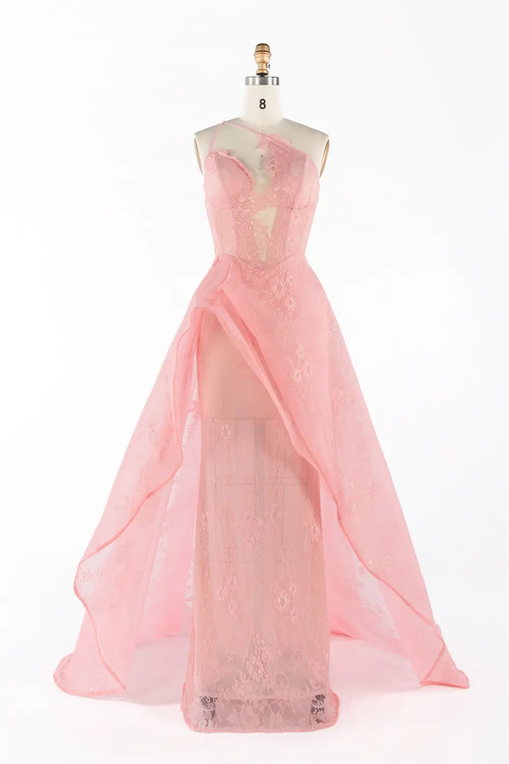 Pink Sheer Lace Asymmetrical Slit Formal Evening Dress ST052 Sheer Fairy