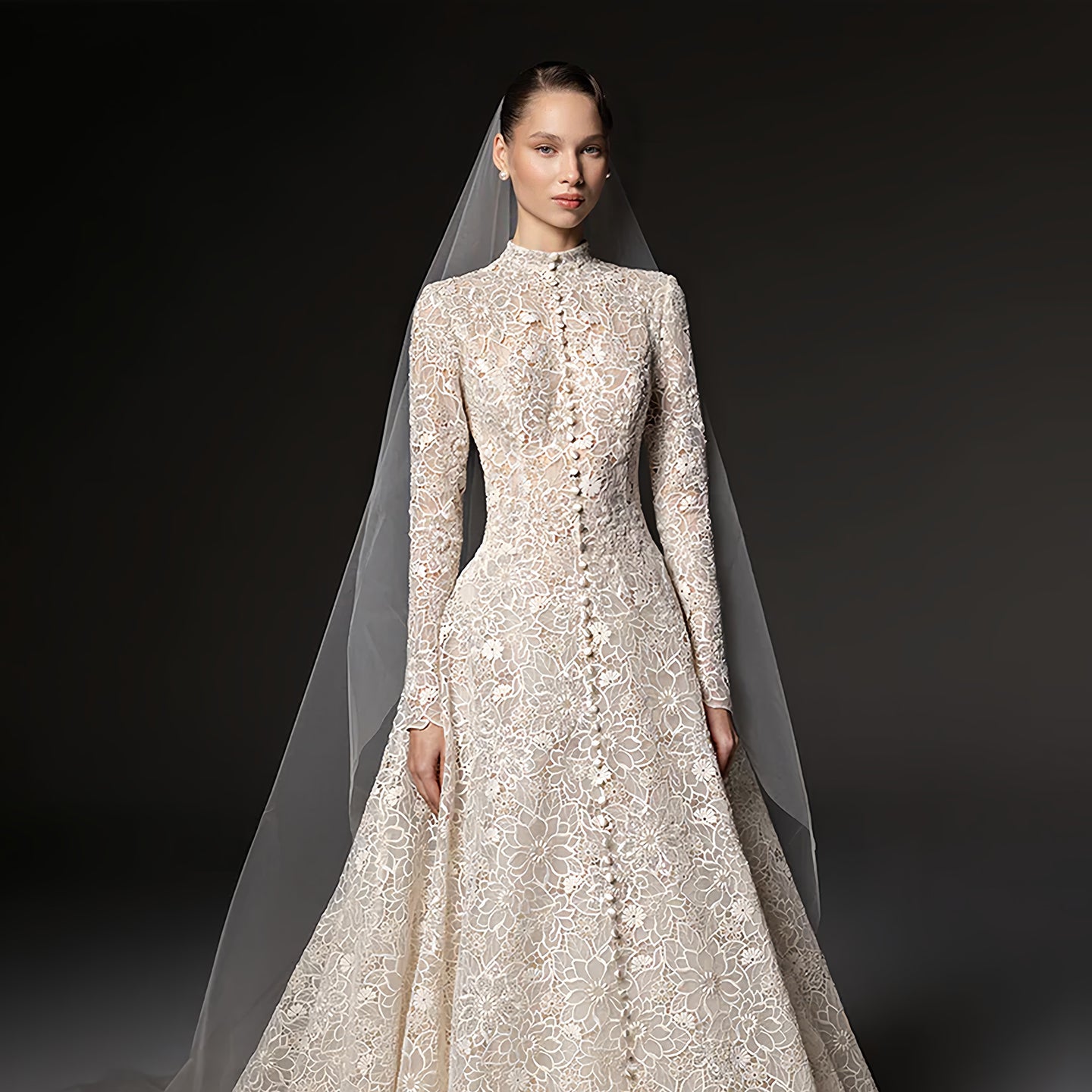 High Neck Long Sleeve Lace A-Line Wedding Dress with Pearl Buttons SW669 Sheer Fairy