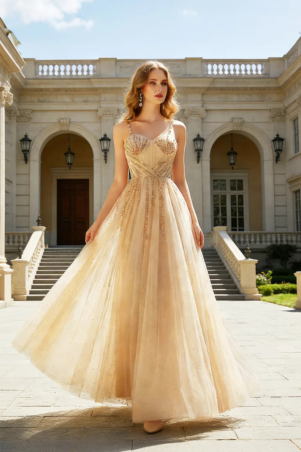 Champagne Spaghetti Strap Tulle A-Line Prom Dress SH410 Sheer Fairy