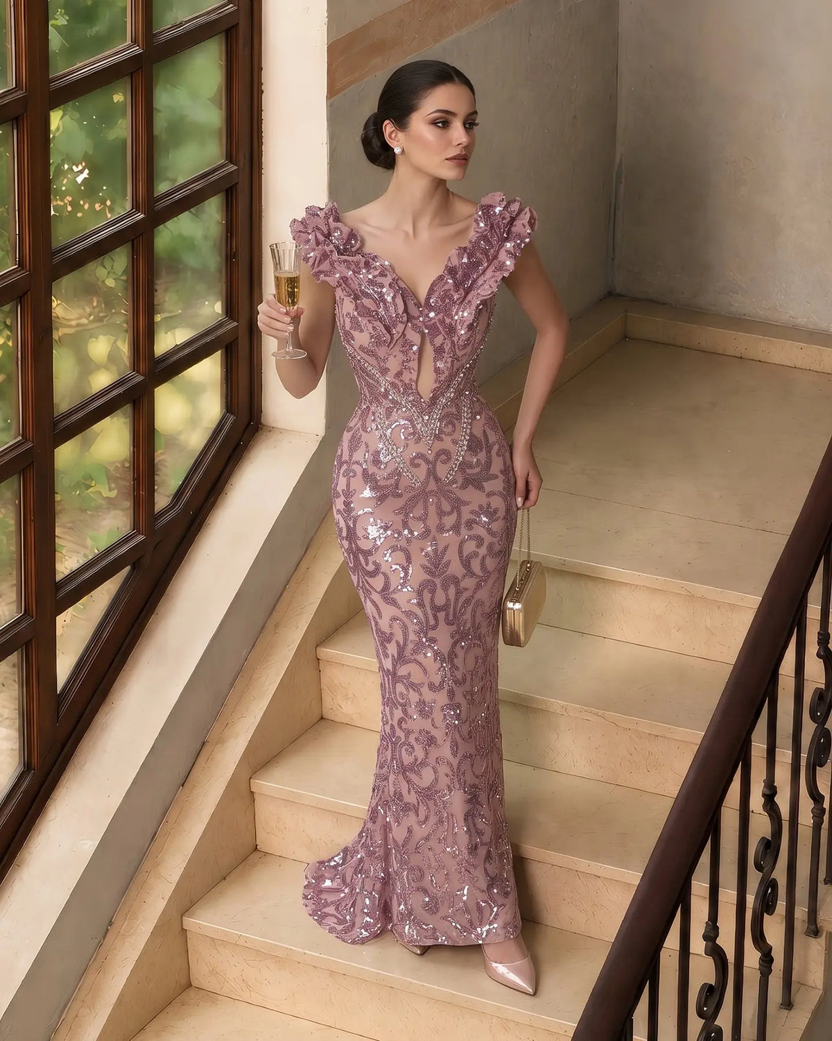 Pink Sequin Tulle Sheath Evening Gown Sheer Fairy