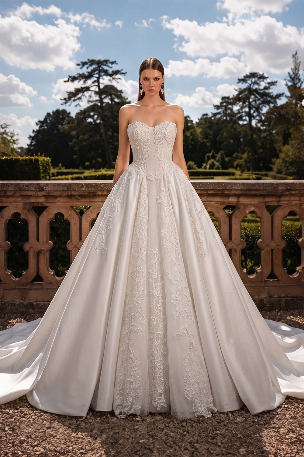 White Satin Sweetheart Princess Wedding Dress Lace Details with Long Cathedral Train SW743 Sheer Fairy