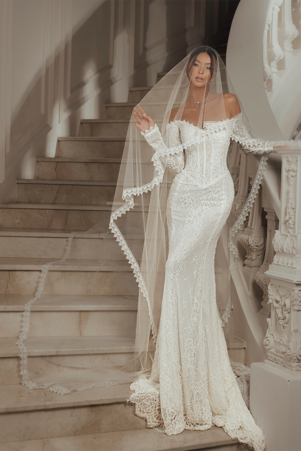 White Sweetheart Neck Sheer Long Sleeve Embroidered Lace Wedding Dress SW135 Sheer Fairy