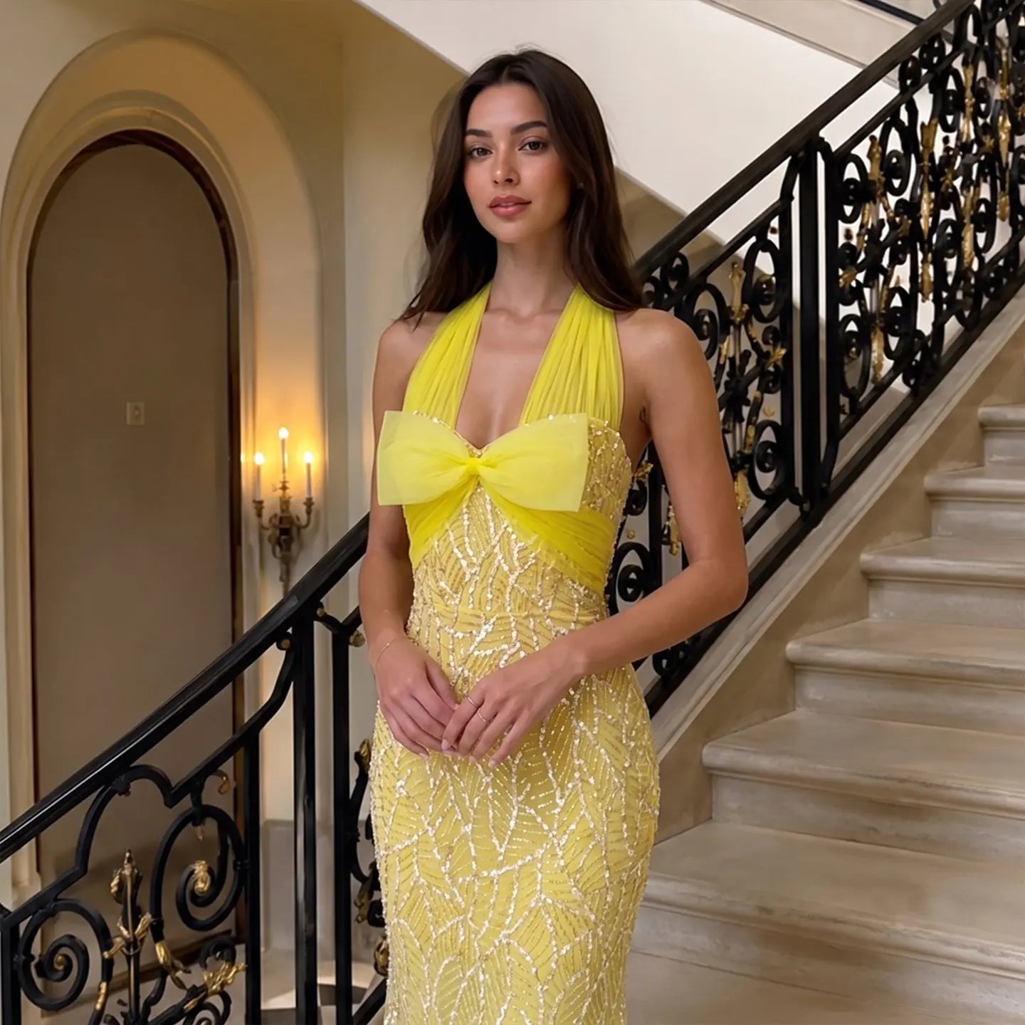 Elegant Yellow Halter Bow Sequin Gown - Mermaid Maxi Formal Evening Dress ST001 Sheer Fairy