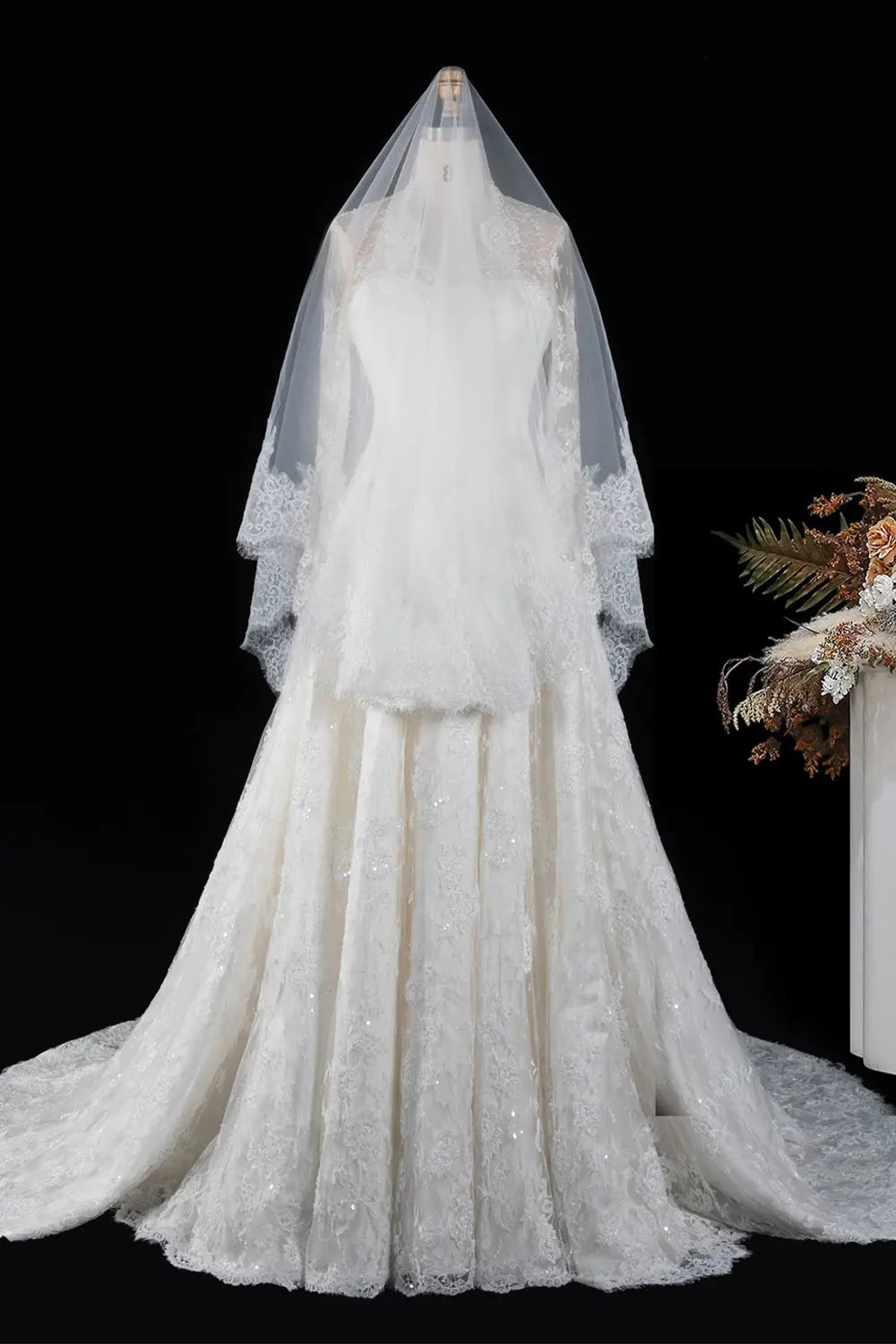 Off White Floral Long Sleeve Ball Gown Wedding Dress SW672 Sheer Fairy