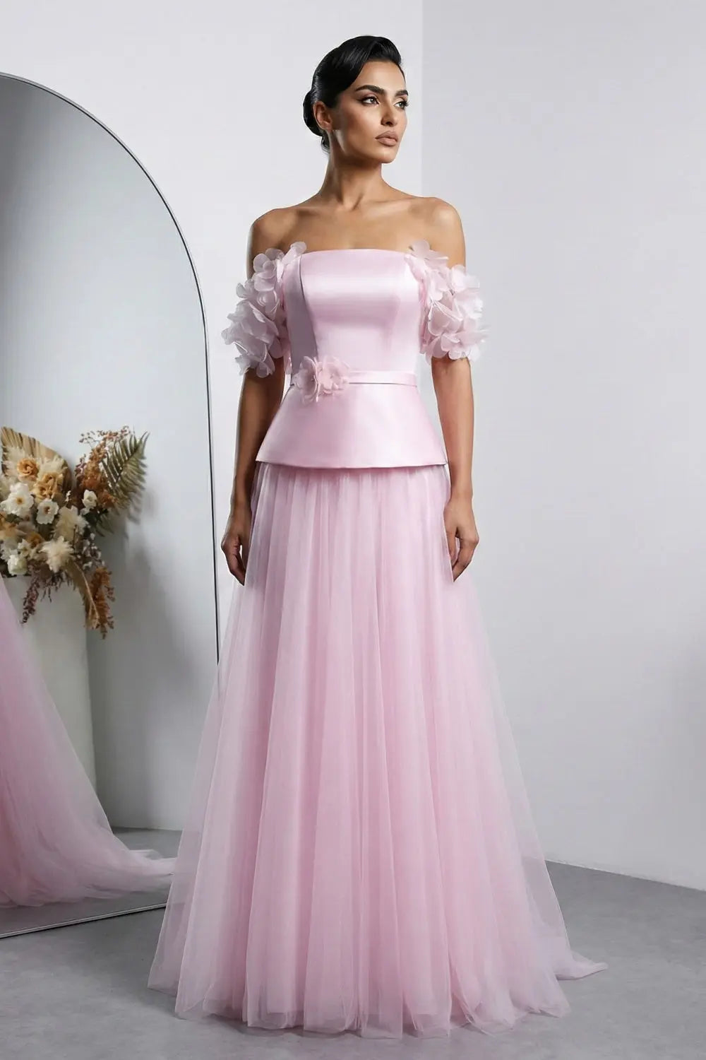 Blush Pink Peplum Off-the-Shoulder Evening Dress with 3D Floral SF228 Sheer Fairy