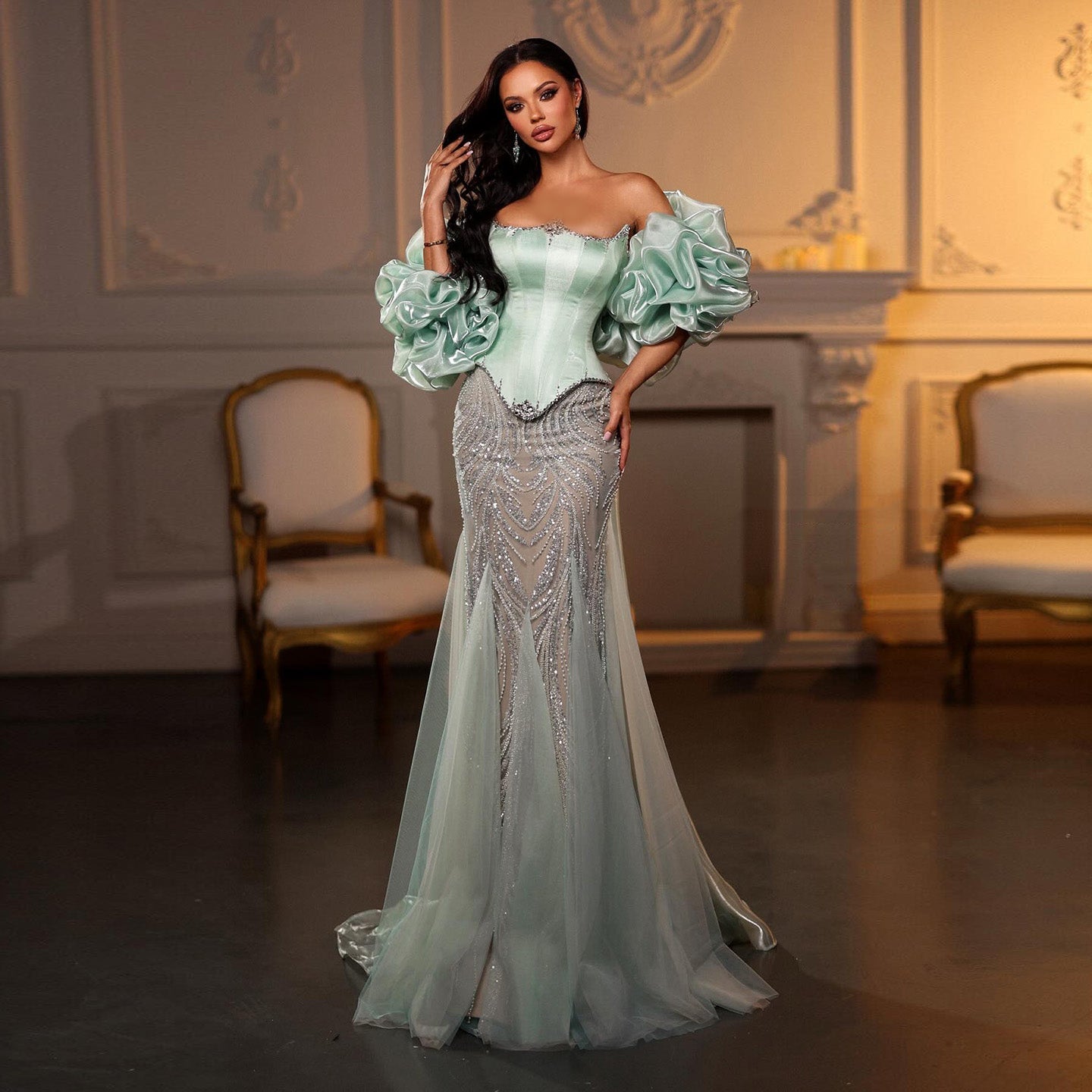 Luxury Aqua Off-the-Shoulder Mermaid Evening Gown with Ruffle Sleeves SS501 Sheer Fairy