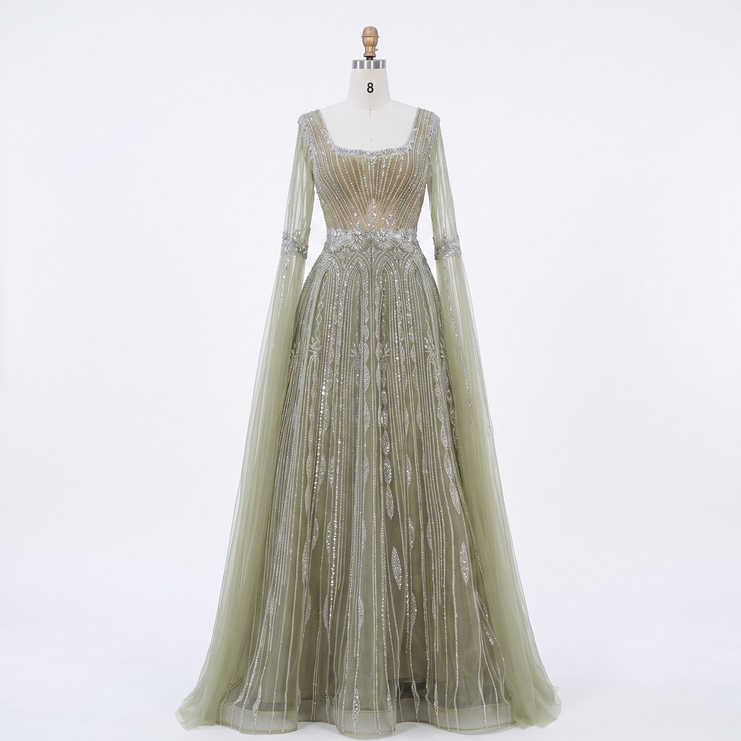 Sparkling Sequined Square Neck Long Sleeve A Line Evening Gown SS065 Sheer Fairy