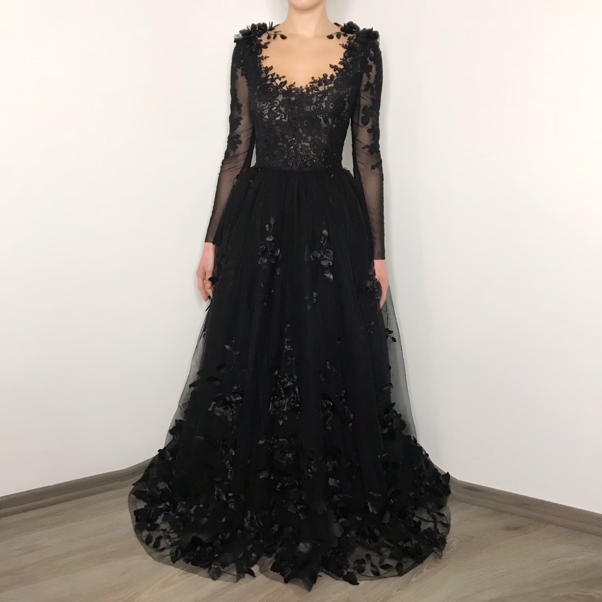 Black Gothic 3D Floral Lace A-Line Wedding Dress with Long Sleeves SW551