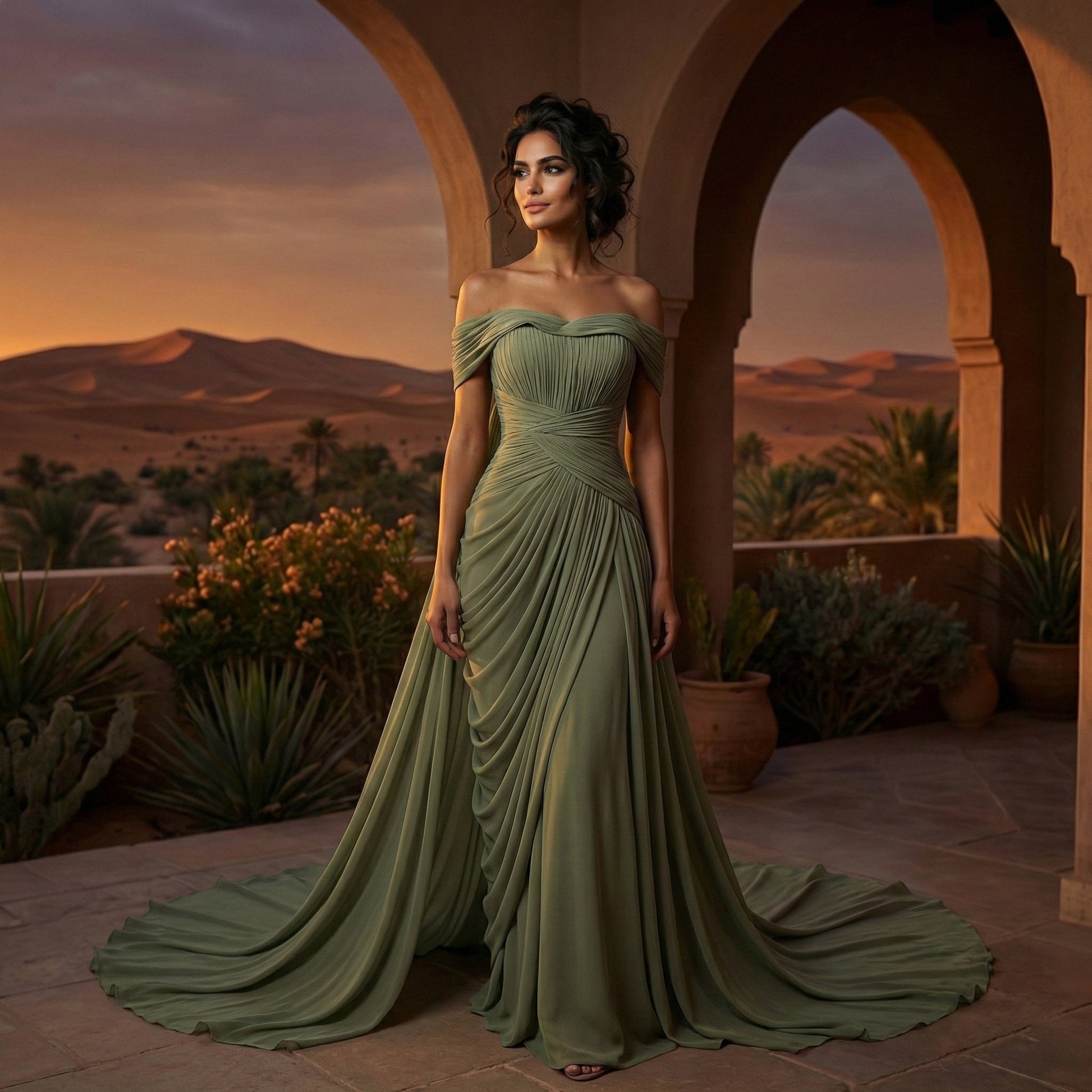 Minima Sage Green Chiffon Off-the-Shoulder Evening Dress SF423 Sheer Fairy