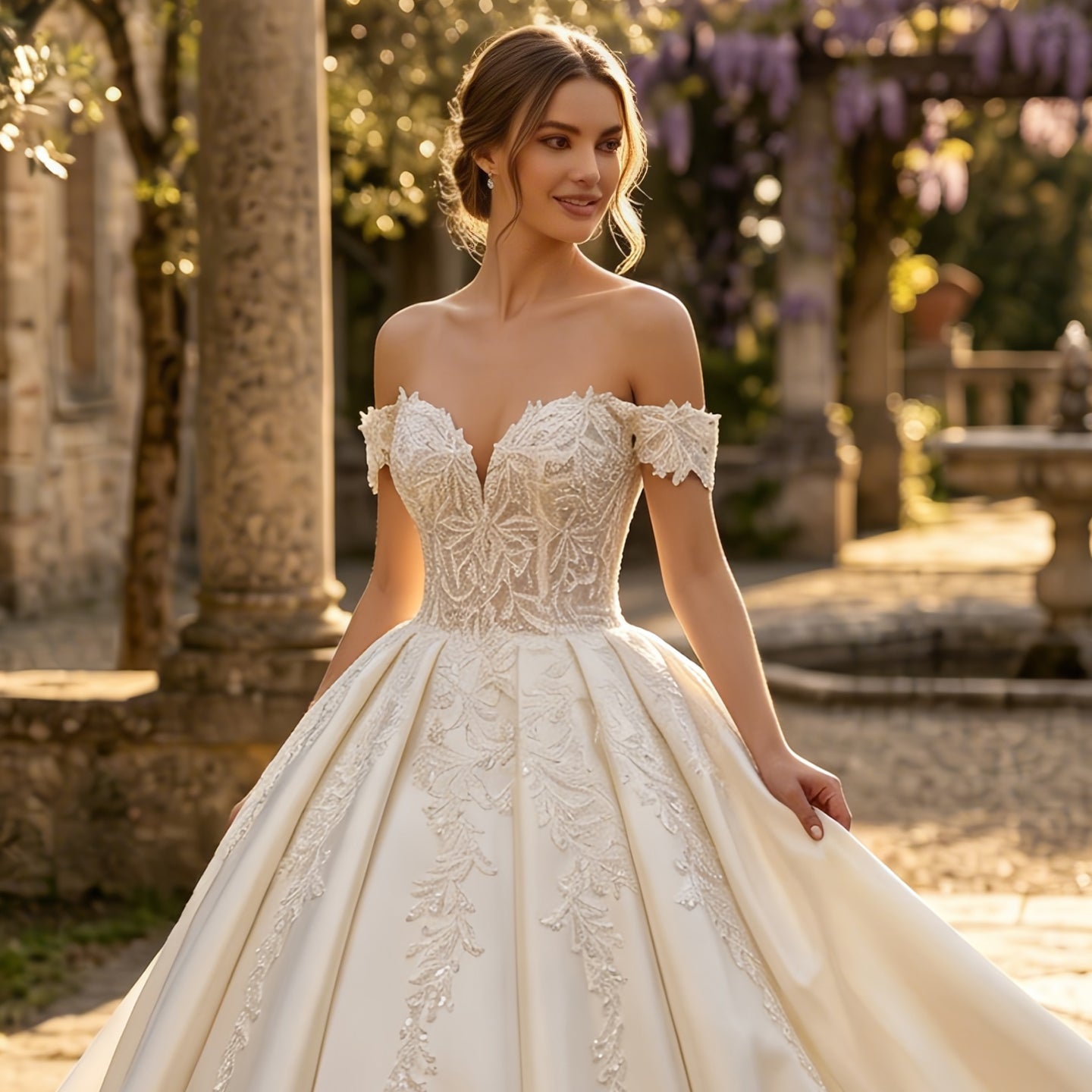 Off-the-Shoulder Satin Ball Gown Wedding Dress with Lace Appliques & Corset Back SW701 Sheer Fairy