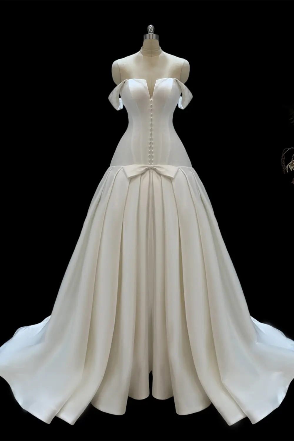 Ivory Off Shoulder Satin A Line Wedding Dress SW692 Sheer Fairy