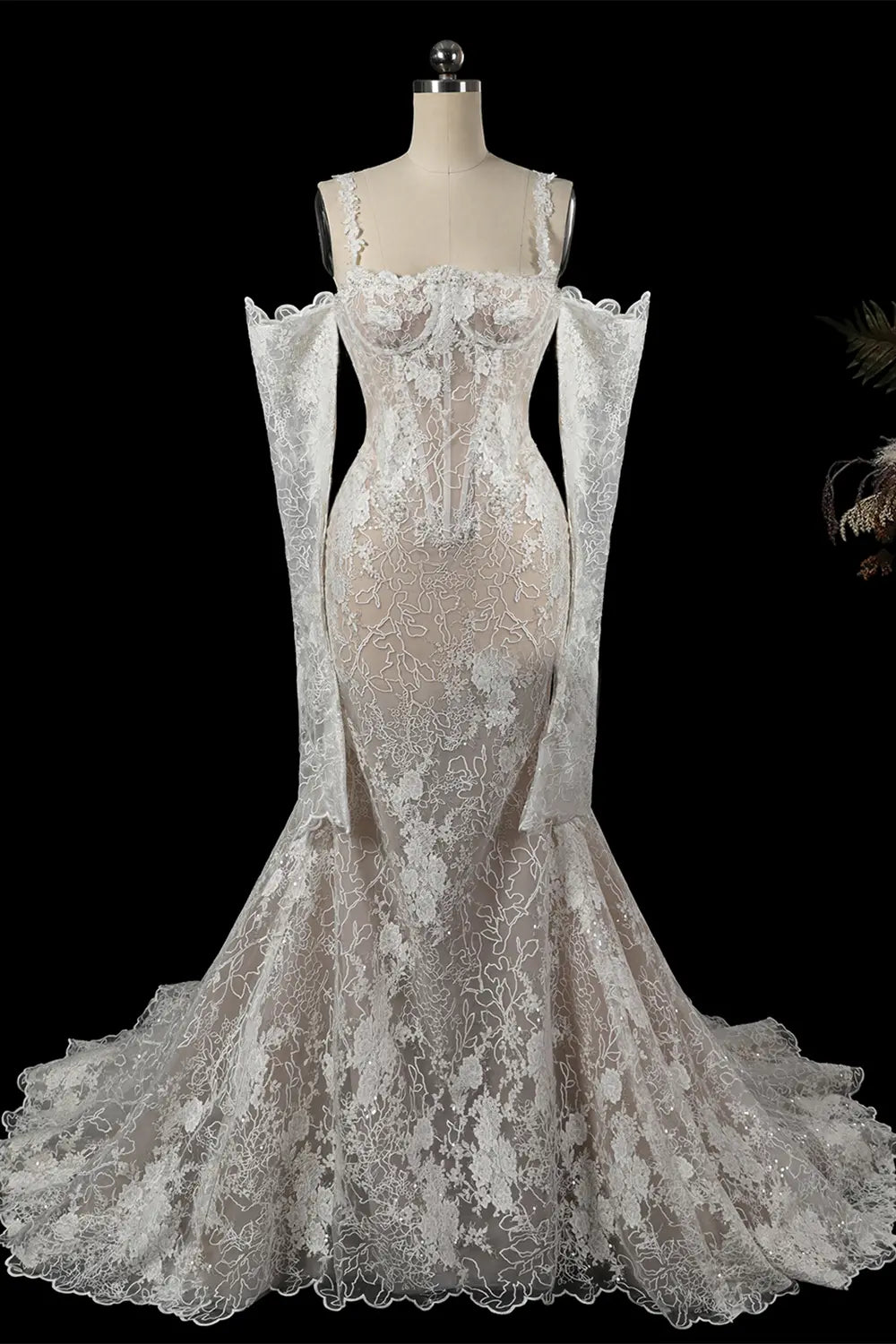 White Lace Mermaid Wedding Dress Long Sleeves Corset SW750 Sheer Fairy