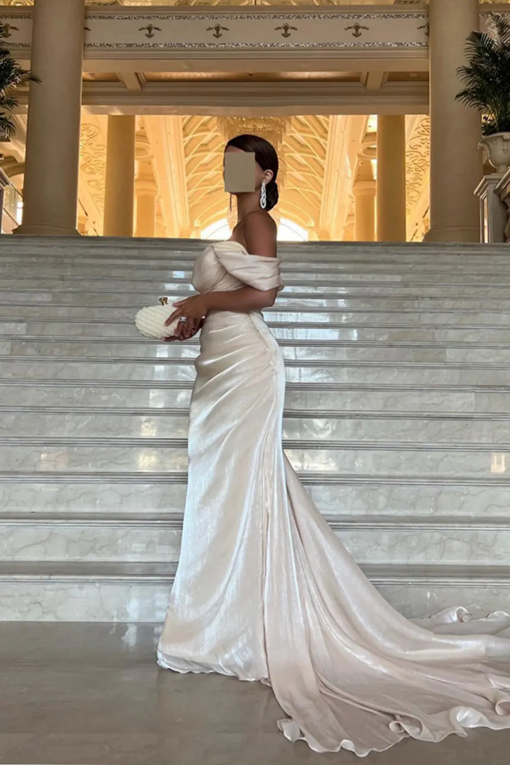 Elegant Off Shoulder Arabic Mermaid Beige Evening Dress SF001 Sheer Fairy