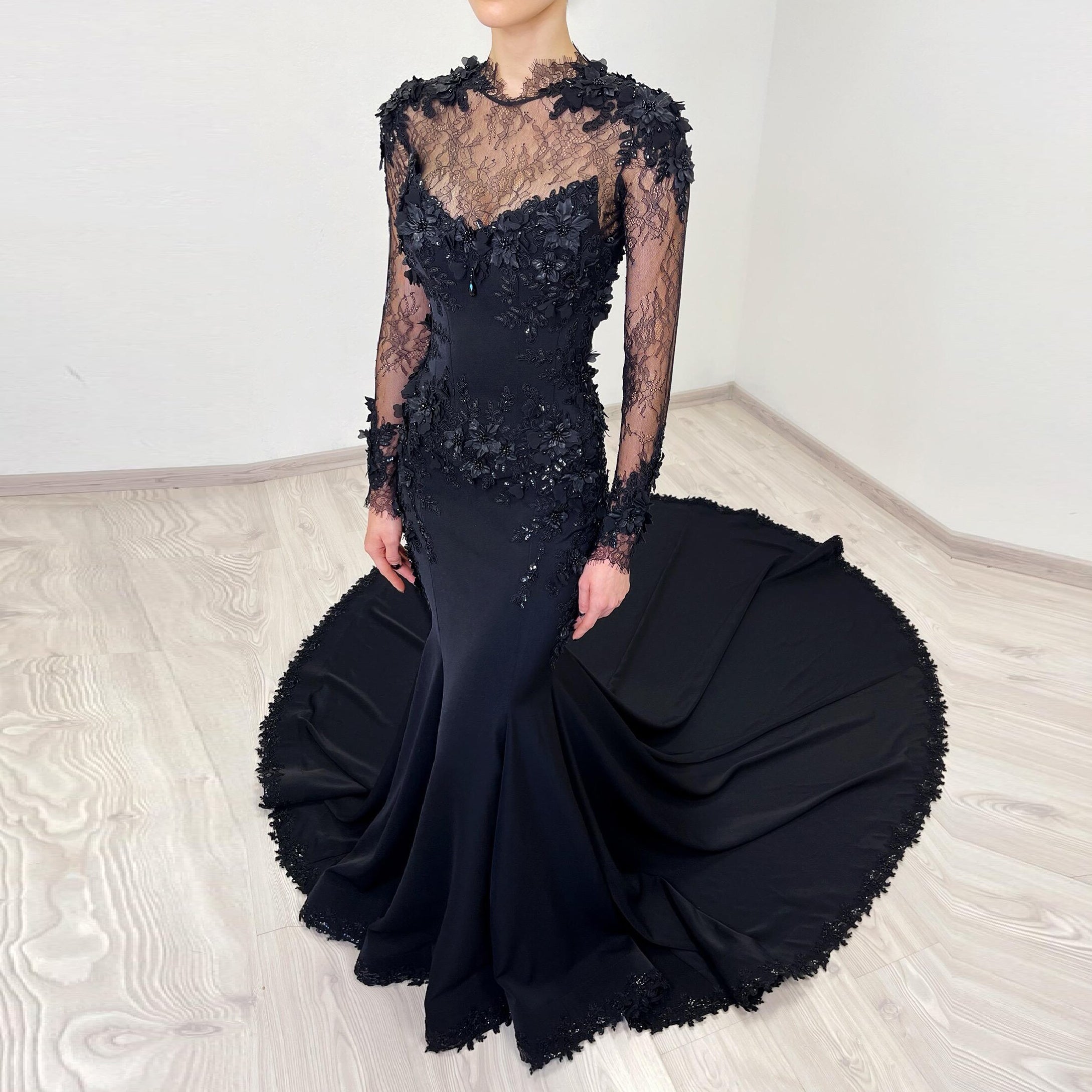 Black Gothic Lace Mermaid Wedding Dress with Long Sleeves SW552