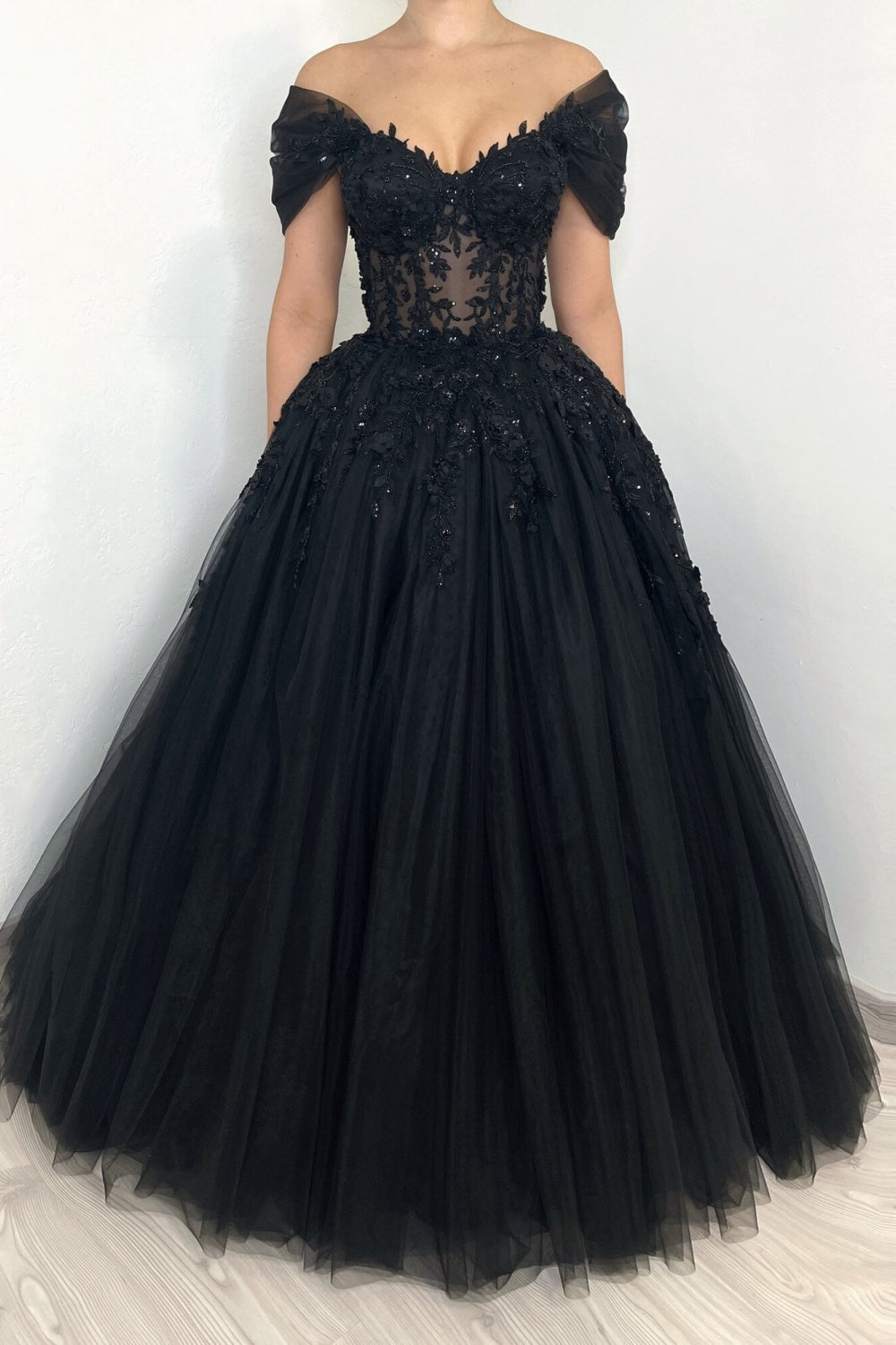 Black Gothic Off-Shoulder Lace Ball Gown Wedding Dress SW556 Sheer Fairy