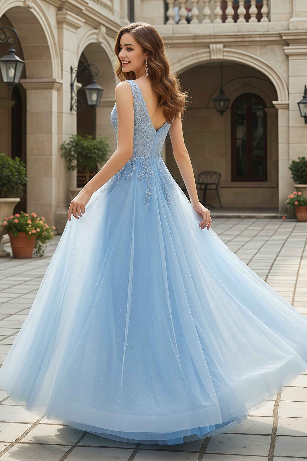 Luxury Blue Embroidery V-Neck Tulle Long Prom Dresses with Overskirt SH223 Sheer Fairy
