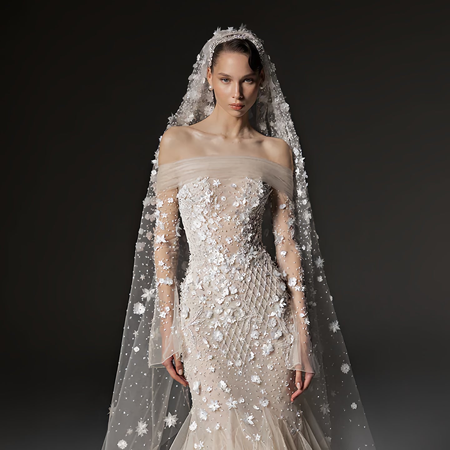 Elegant Champagne Floral Tulle Mermaid Off the Shoulder Wedding Dress with Long Sleeve SW670 Sheer Fairy